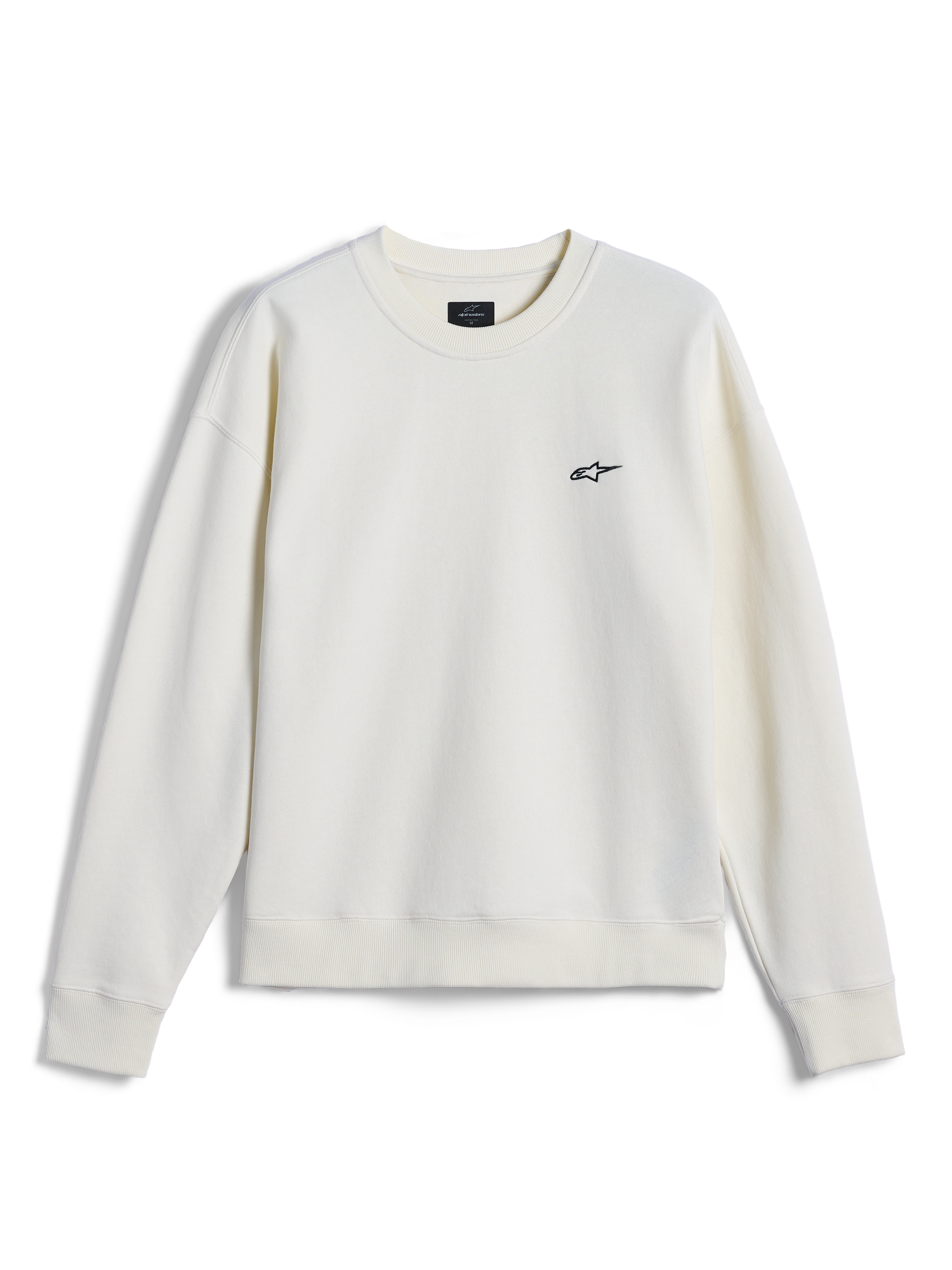 Alpinestars Essentials Ageless Crew, crewneck sweatshirt, Off White, small black Alpinestars logo on the chest, ribbed collar, cuffs, and hem, casual motorsport-inspired streetwear