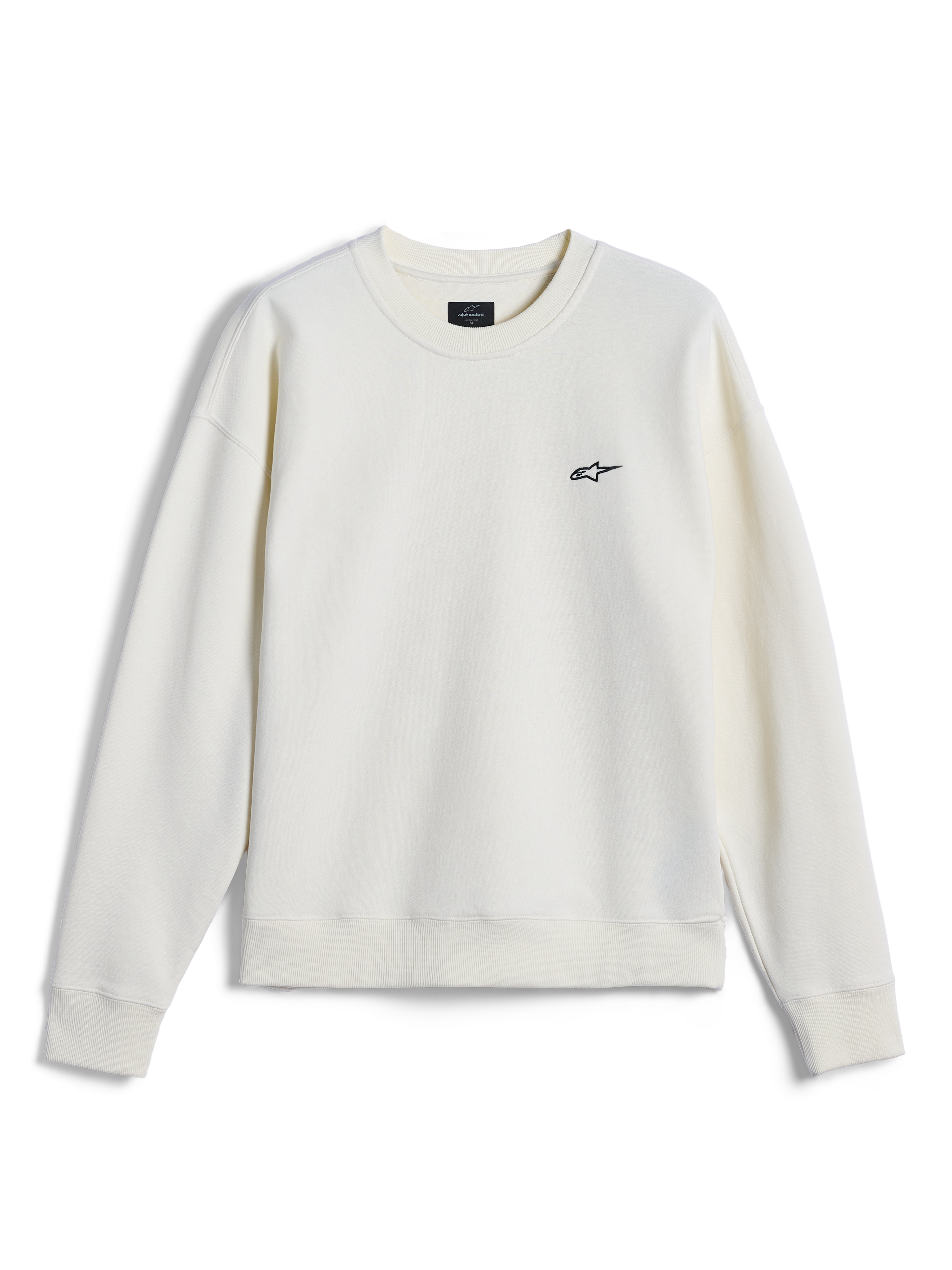 Alpinestars Essentials Ageless Crew, sweatshirt de gola redonda, Off White, pequeno logótipo Alpinestars preto no peito, gola, punhos e bainha canelados, streetwear casual inspirado no desporto motorizado