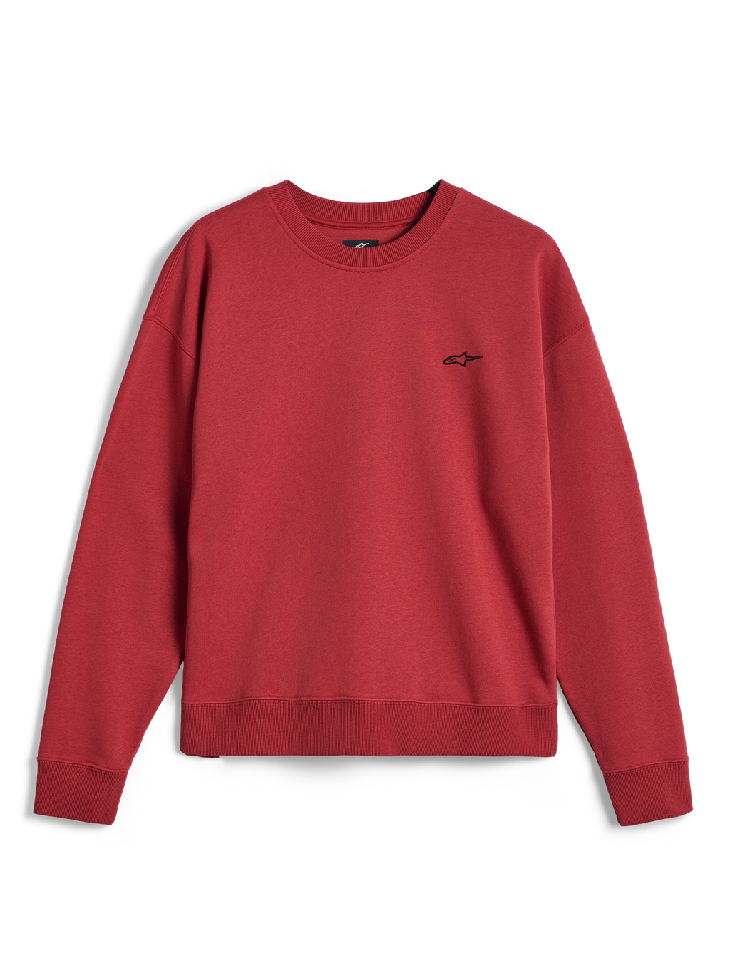 Alpinestars Essentials Ageless Crew, camisola de gola redonda em vermelho tijolo, com um pequeno logótipo Alpinestars preto no peito, gola, punhos e bainha canelados, fleece casual de sportswear premium.
