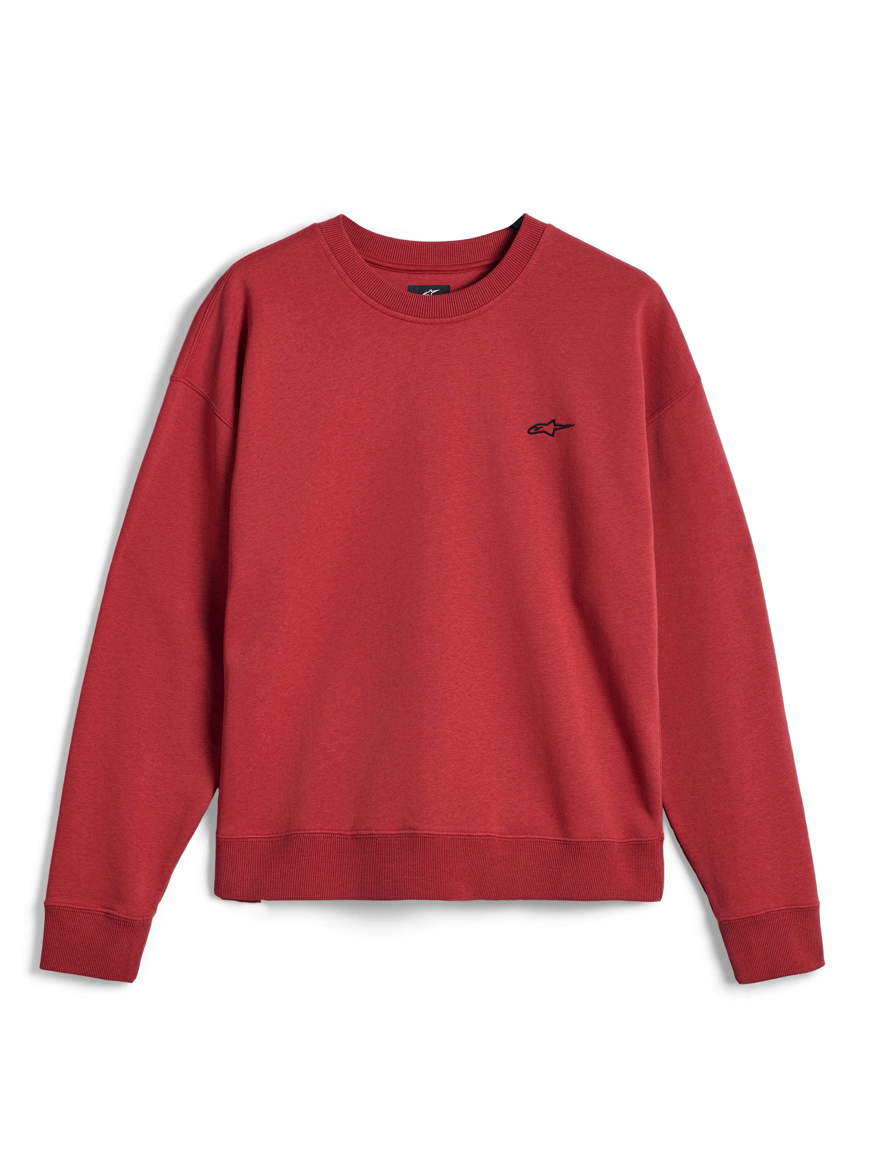 Alpinestars Essentials Ageless Crew, camisola de gola redonda em vermelho tijolo, com um pequeno logótipo Alpinestars preto no peito, gola, punhos e bainha canelados, fleece casual de sportswear premium.