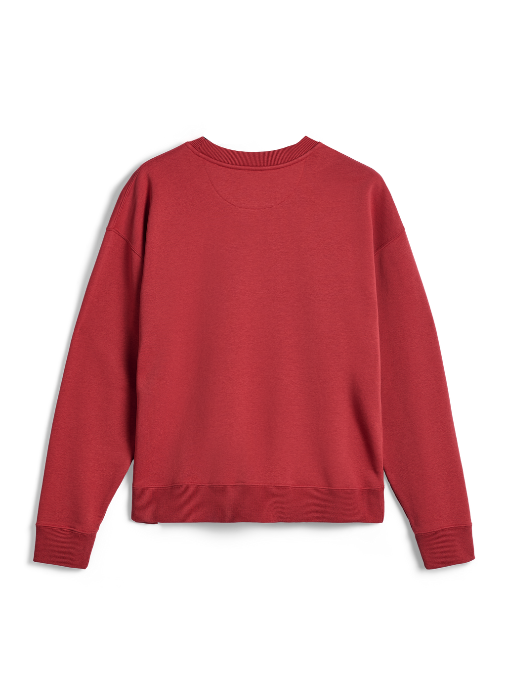 Alpinestars Essentials Ageless Crew, camisola de gola redonda, vermelho tijolo, vista traseira com punhos e bainha canelados, fleece compacto premium para conforto casual de sportswear