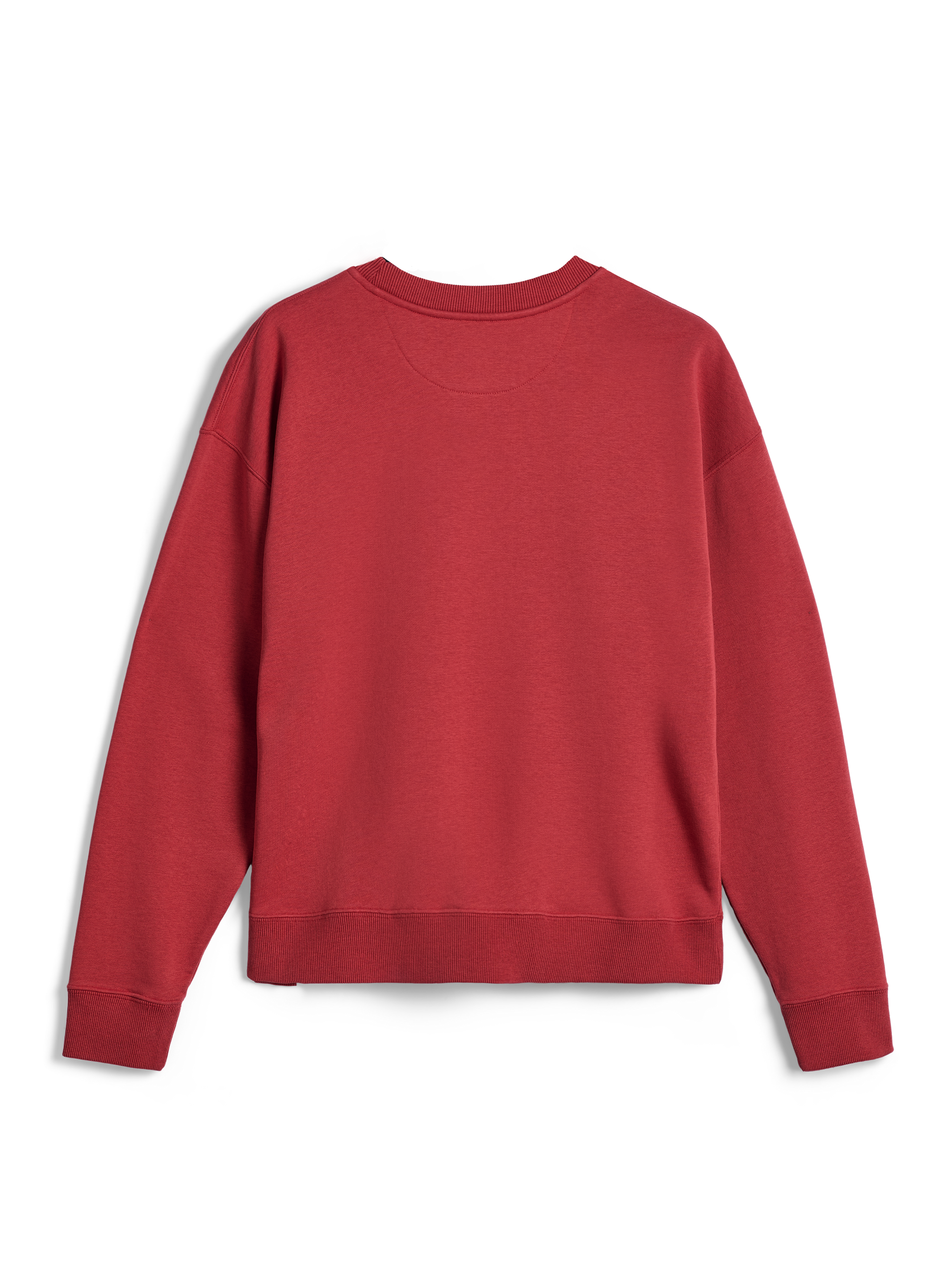 Alpinestars Essentials Ageless Crew, camisola de gola redonda, vermelho tijolo, vista traseira com punhos e bainha canelados, fleece compacto premium para conforto casual de sportswear