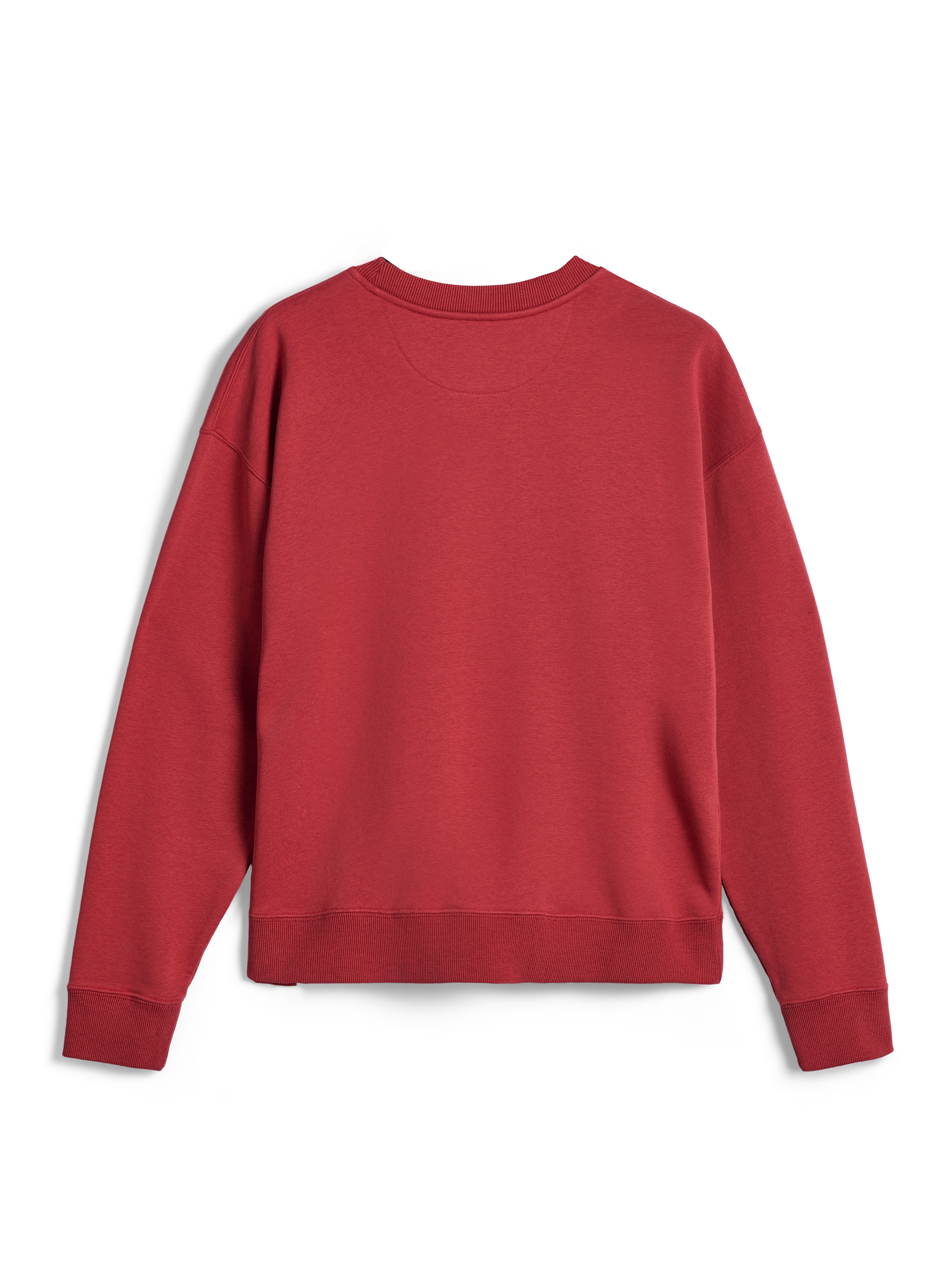 Alpinestars Essentials Ageless Crew, camisola de gola redonda, vermelho tijolo, vista traseira com punhos e bainha canelados, fleece compacto premium para conforto casual de sportswear
