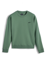 Sweatshirt Alpinestars Essentials Ageless Crew, sweatshirt de gola redonda, verde cactus, pequeno logótipo Astar preto no peito, gola, punhos e bainha canelados, fleece premium, vestuário desportivo casual para fora da moto