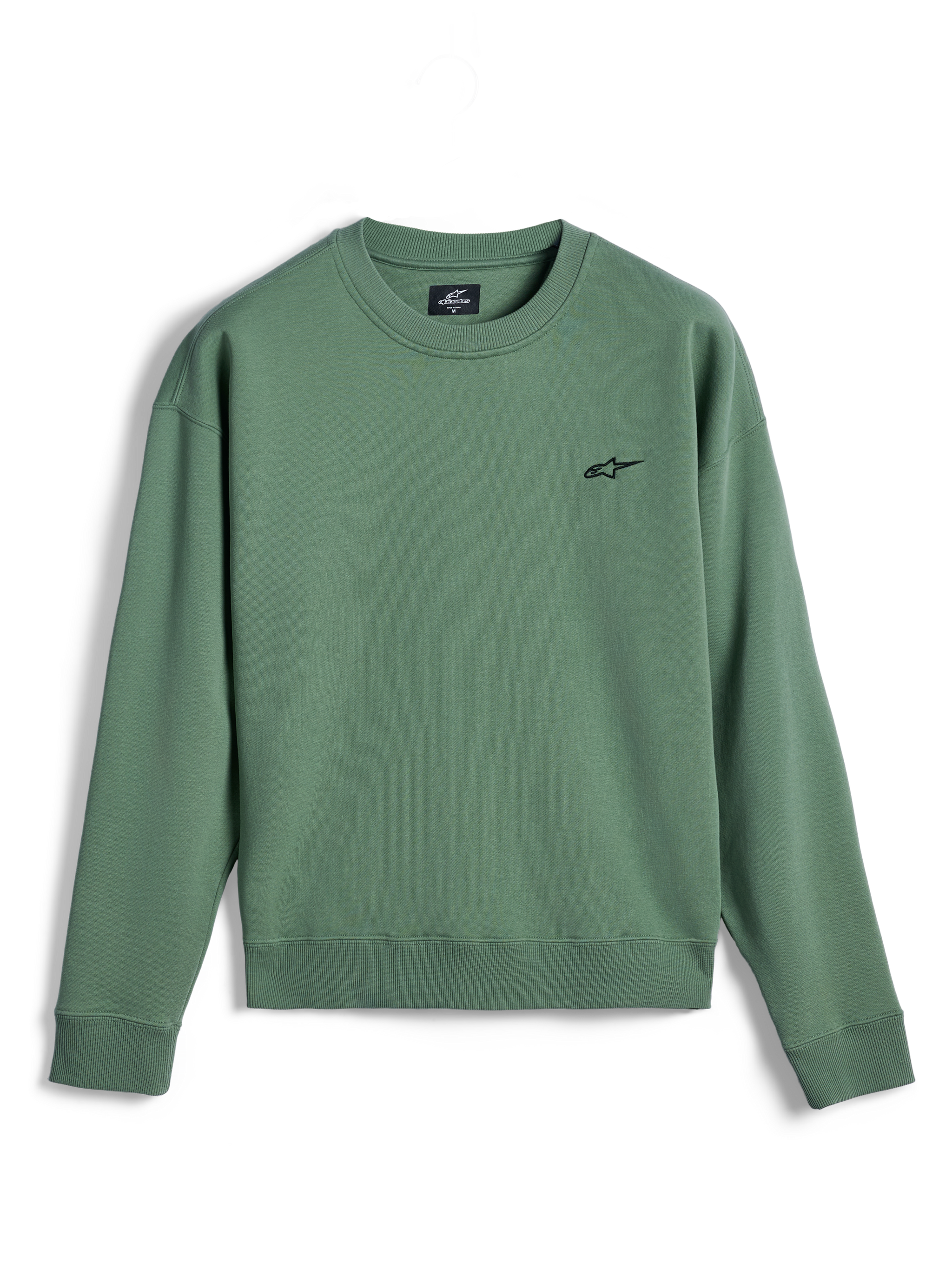 Sweatshirt Alpinestars Essentials Ageless Crew, sweatshirt de gola redonda, verde cactus, pequeno logótipo Astar preto no peito, gola, punhos e bainha canelados, fleece premium, vestuário desportivo casual para fora da moto