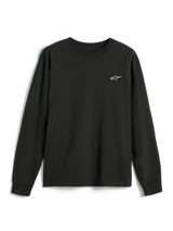 Alpinestars Essentials Ageless LS Tee, t-shirt de manga comprida, preto, pequeno logótipo branco da Alpinestars no peito, gola redonda, ajuste relaxado, estilo casual lifestyle streetwear