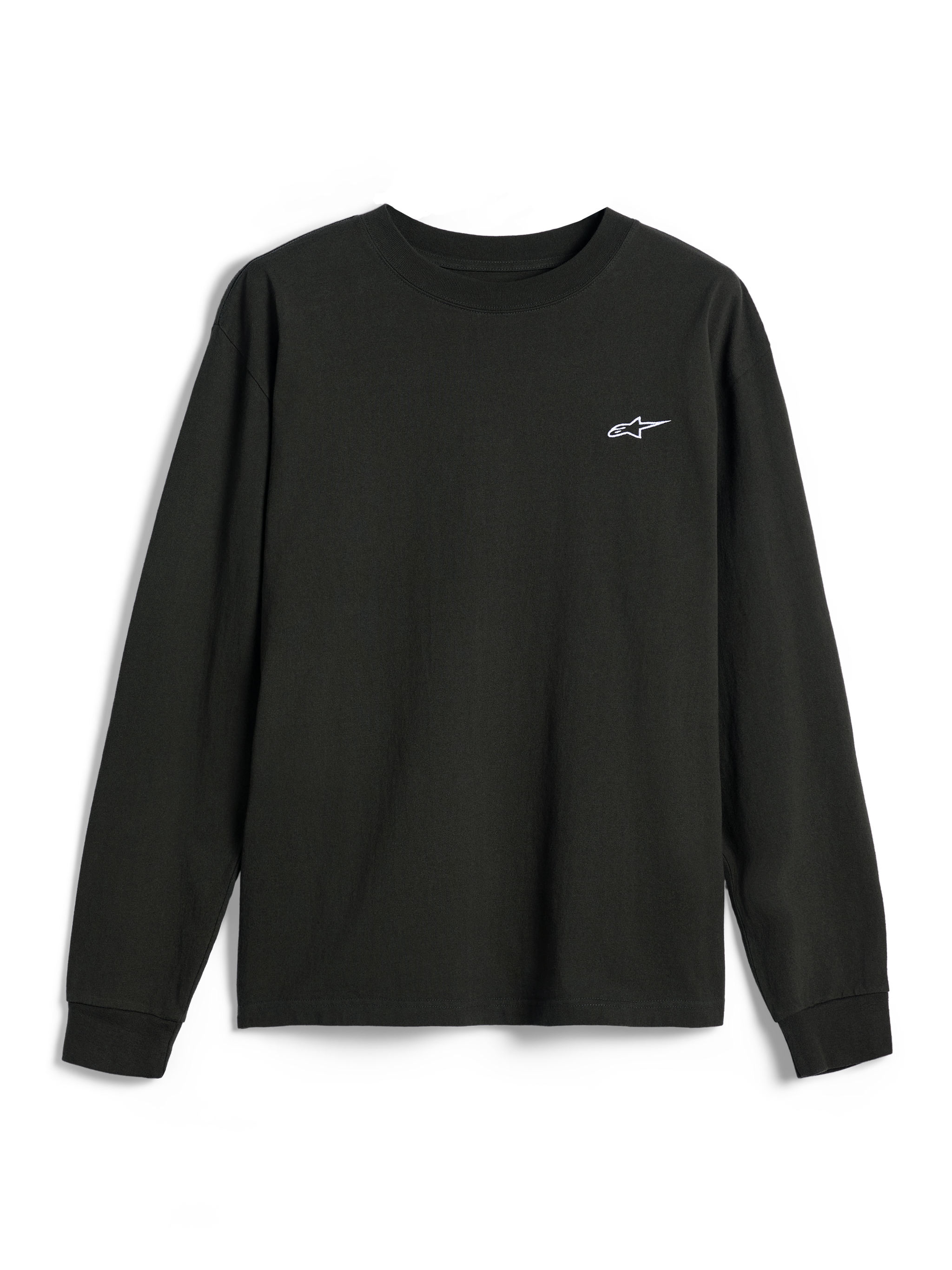 Alpinestars Essentials Ageless LS Tee, t-shirt de manga comprida, preto, pequeno logótipo branco da Alpinestars no peito, gola redonda, ajuste relaxado, estilo casual lifestyle streetwear