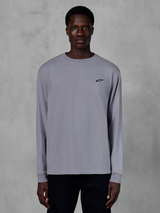 Alpinestars Essentials Ageless LS Tee, Long Sleeve T-Shirt, Silver, worn by a model, featuring a small black Alpinestars logo on the chest, relaxed contemporary fit, organic cotton casual streetwear