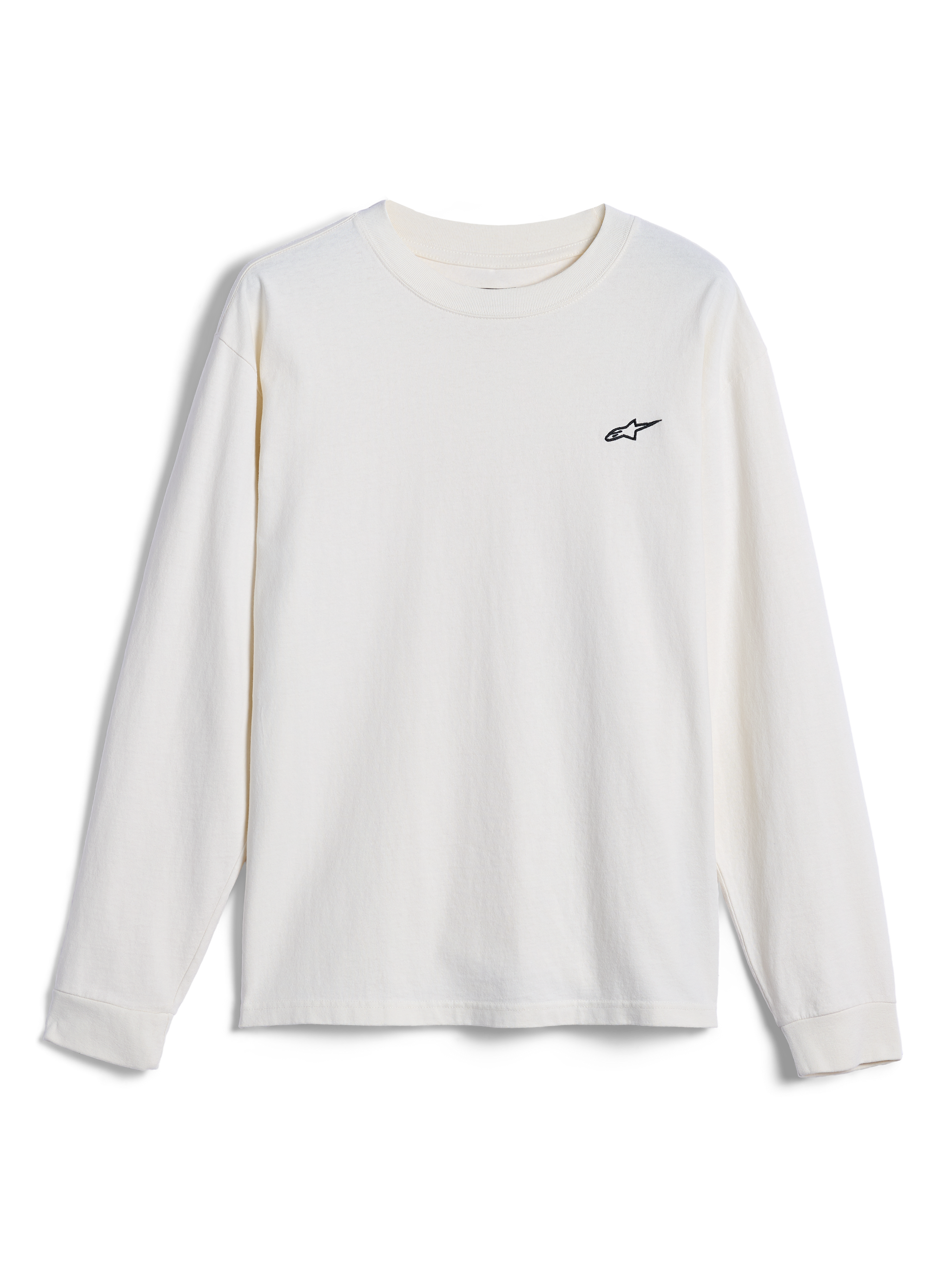Alpinestars Essentials Ageless LS Tee, t-shirt de manga comprida, Off White, com um pequeno logótipo preto da Alpinestars no peito, streetwear casual inspirado no desporto motorizado