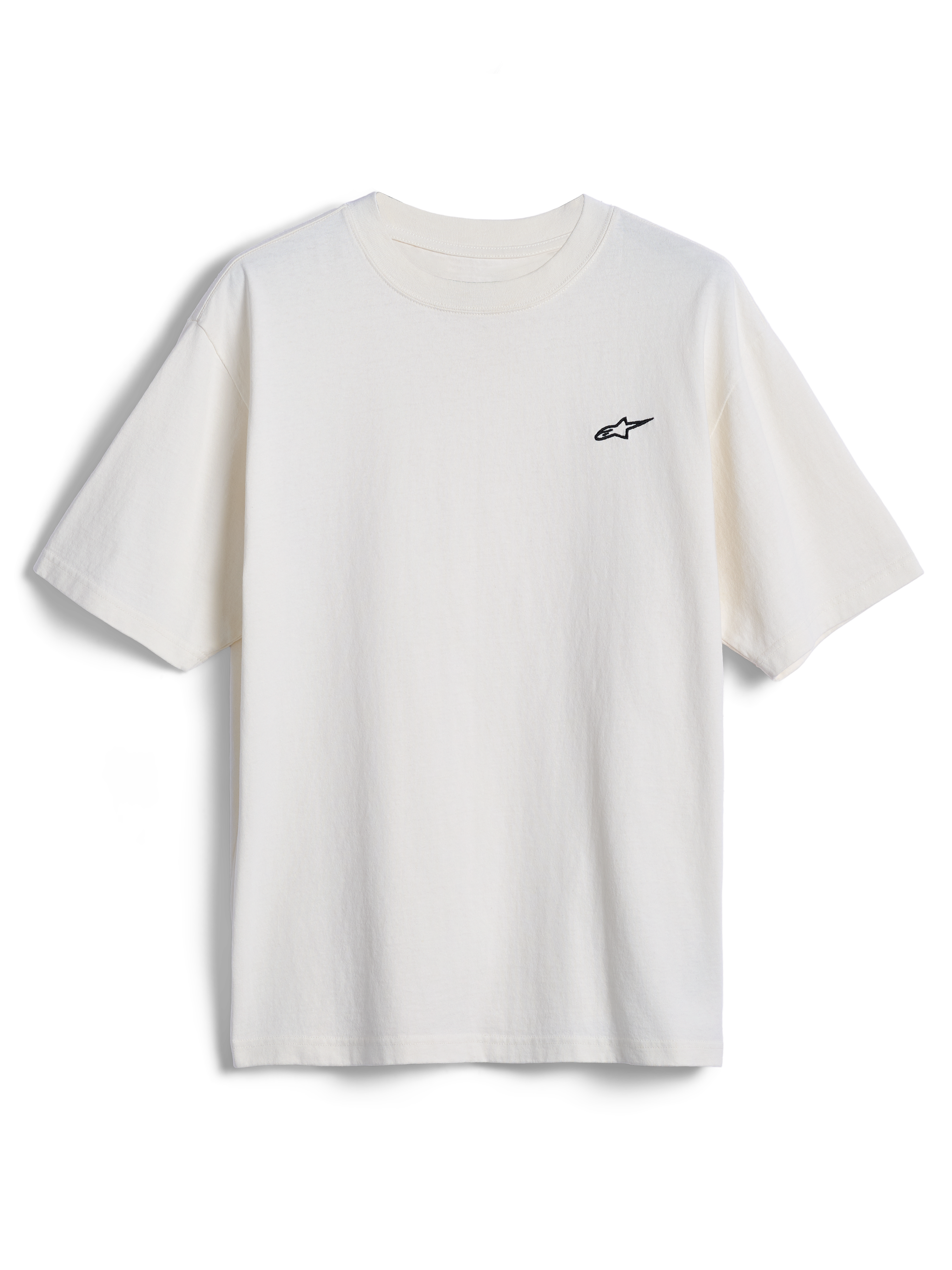 Alpinestars Essentials Ageless SS Tee, t-shirt de manga curta, Off White, pequeno logótipo de estrela da Alpinestars a preto no peito, streetwear casual inspirado no desporto motorizado