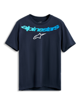 Alpinestars Collared CSF Tee, t-shirt de manga curta, azul-marinho, logótipo Alpinestars em azul claro e logótipo de estrela branco, roupa desportiva casual de alto desempenho