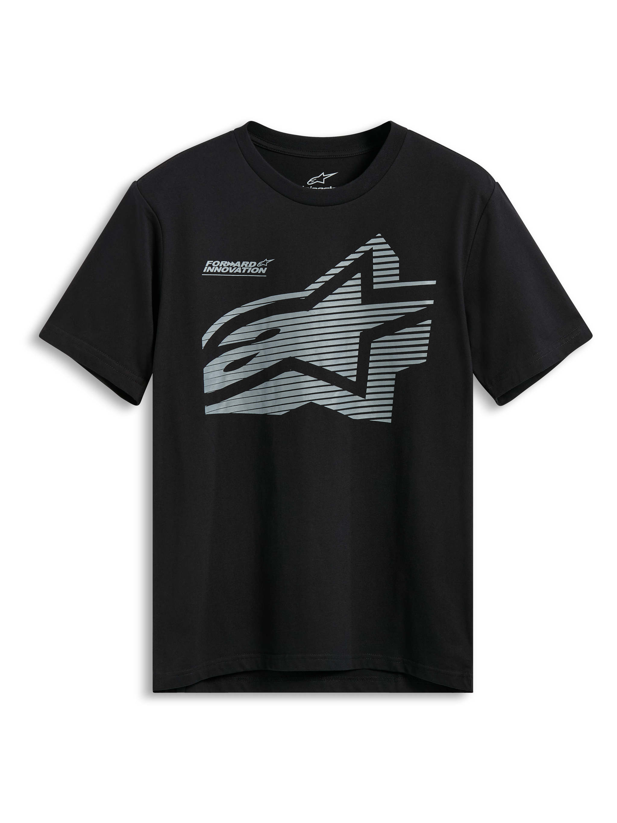 Alpinestars Fasting CSF Tee, t-shirt de manga curta, preta, logótipo Astars geométrico cinzento grande com padrão de linhas horizontais e texto Forward Innovation, vestuário desportivo casual de desportos motorizados