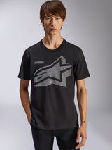 Alpinestars Fasting CSF Tee, t-shirt de manga curta preta, grande logótipo de estrela Astars geométrico cinzento, texto "Forward Innovation", streetwear casual de motorsport