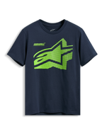 Alpinestars Fasting CSF Tee, t-shirt de manga curta, azul-marinho, logótipo Astars geométrico em verde-lima com o texto Forward Innovation, vestuário desportivo casual