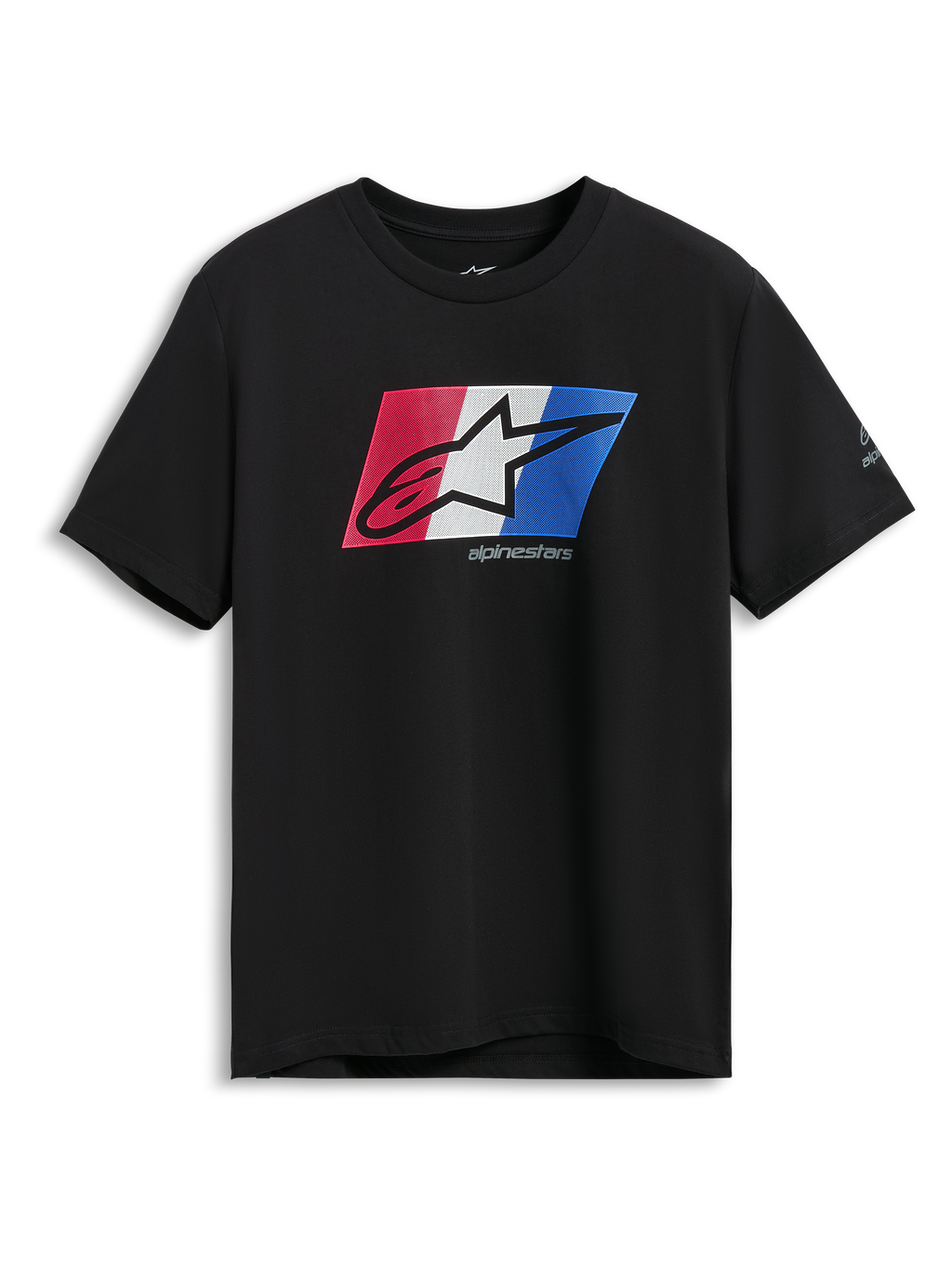 Alpinestars Global CSF Tee, t-shirt de manga curta, preta, gráfico frontal do logótipo Ageless em sombra nas cores vermelho, branco e azul, vestuário desportivo casual de motorsport