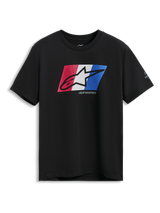 Alpinestars Global CSF Tee, t-shirt de manga curta, preta, gráfico frontal do logótipo Ageless em sombra nas cores vermelho, branco e azul, vestuário desportivo casual de motorsport