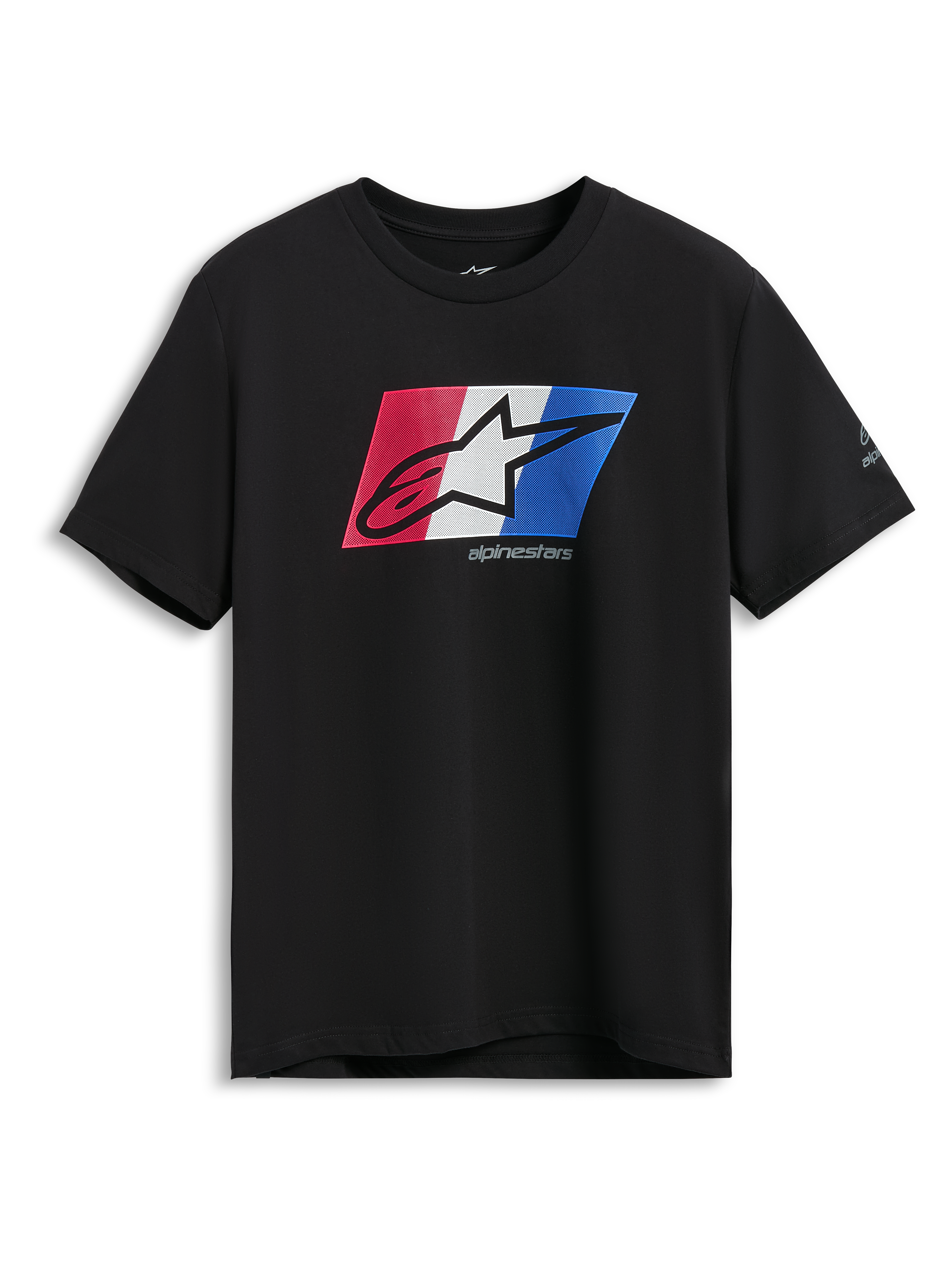 Alpinestars Global CSF Tee, t-shirt de manga curta, preta, gráfico frontal do logótipo Ageless em sombra nas cores vermelho, branco e azul, vestuário desportivo casual de motorsport