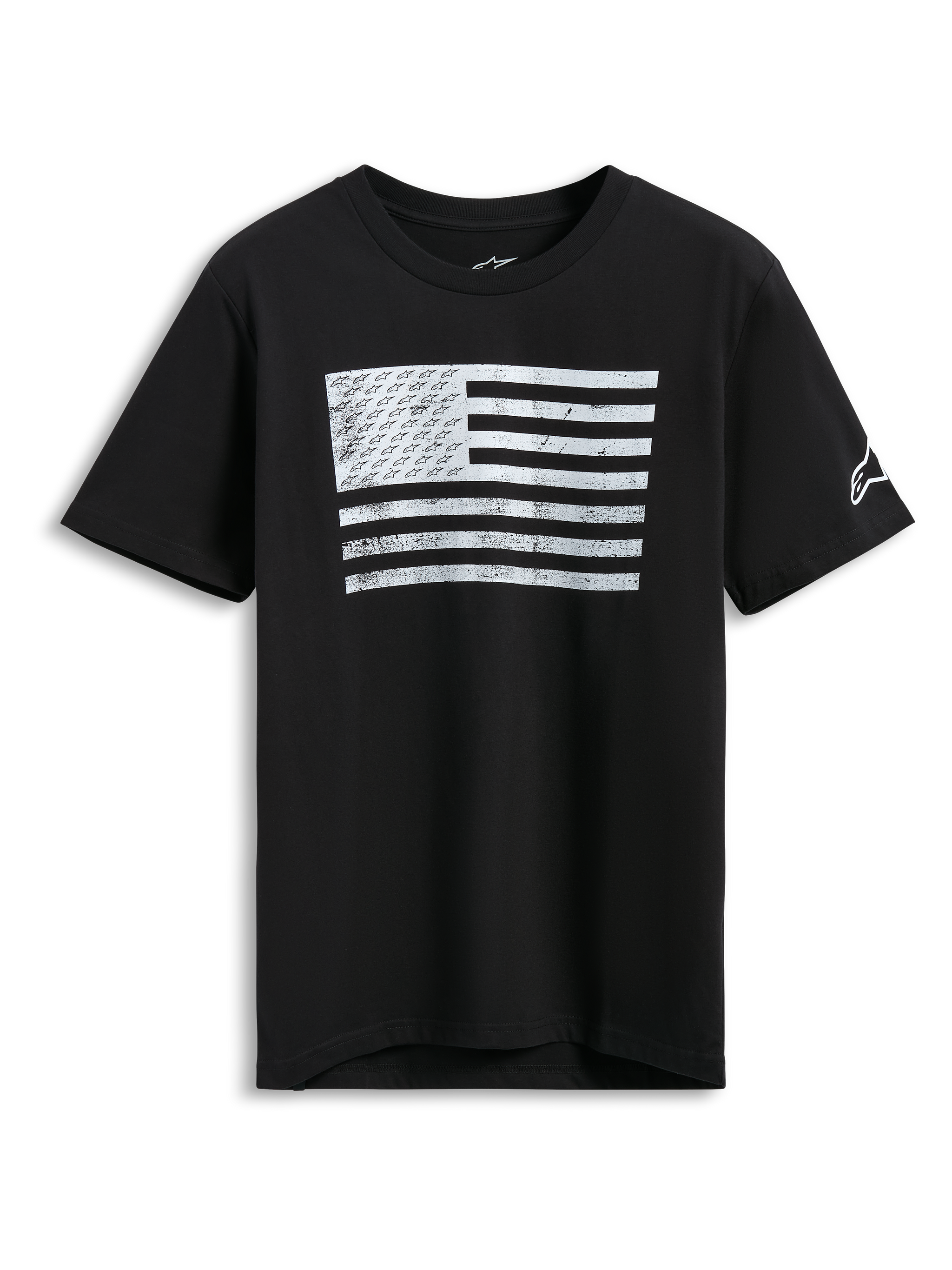 Alpinestars Waving CSF Tee, t-shirt de manga curta, preta, gráfico de bandeira ondulante branca com efeito desgastado e logótipos A-star, streetwear casual de desportos motorizados