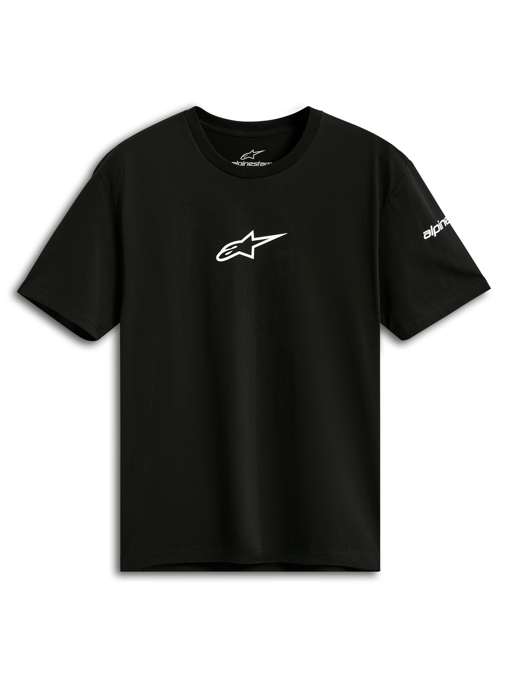 Alpinestars Frontal CSF Tee, t-shirt de manga curta, preta, logótipo Astars branco no peito, vestuário desportivo casual de performance