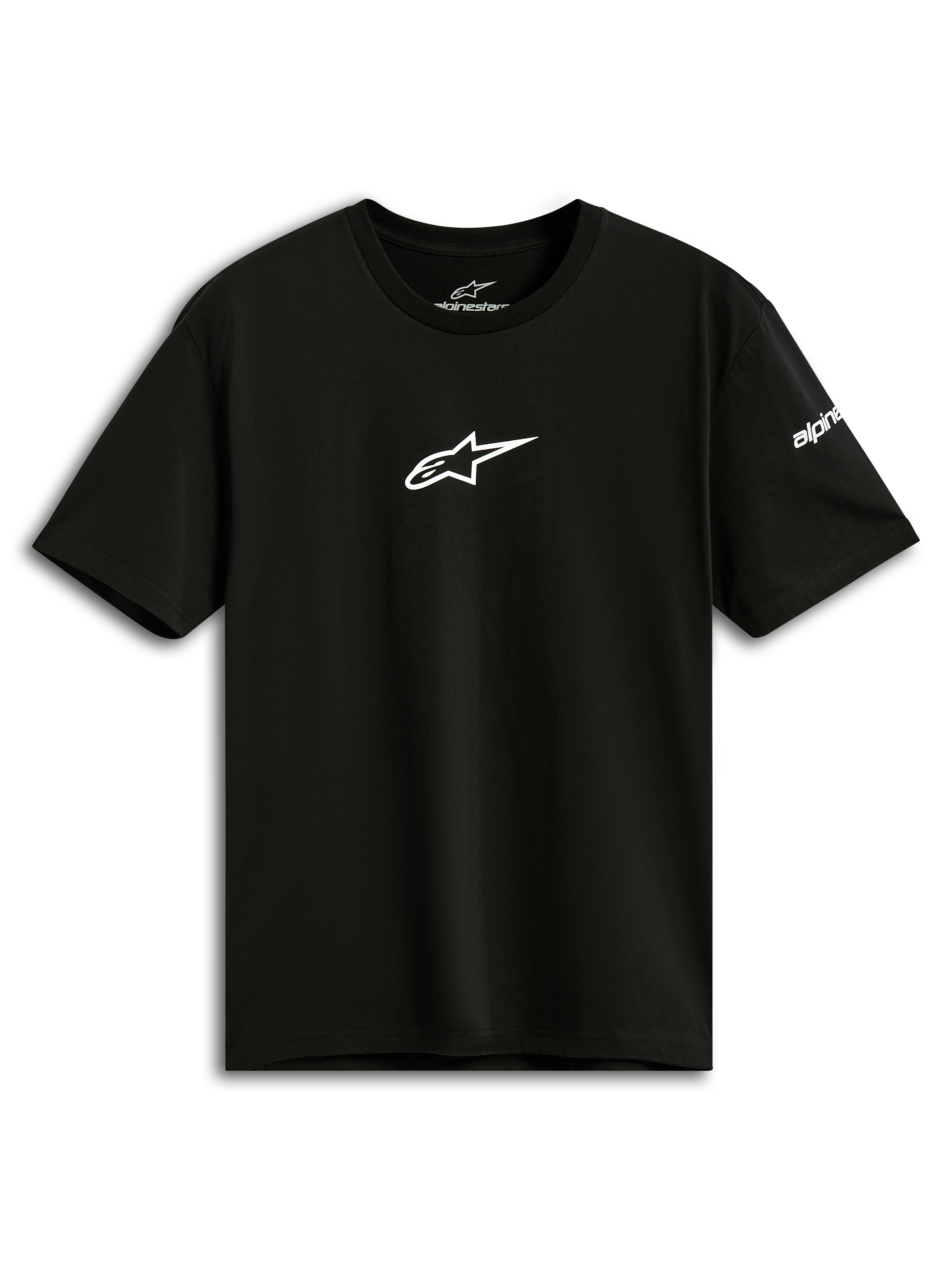 Alpinestars Frontal CSF Tee, t-shirt de manga curta, preta, logótipo Astars branco no peito, vestuário desportivo casual de performance