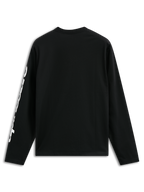 Alpinestars Trackside CSF Tee, T-shirt de manga comprida, preta, com grafismo de texto vertical branco na manga, vista traseira, streetwear casual de desportos motorizados
