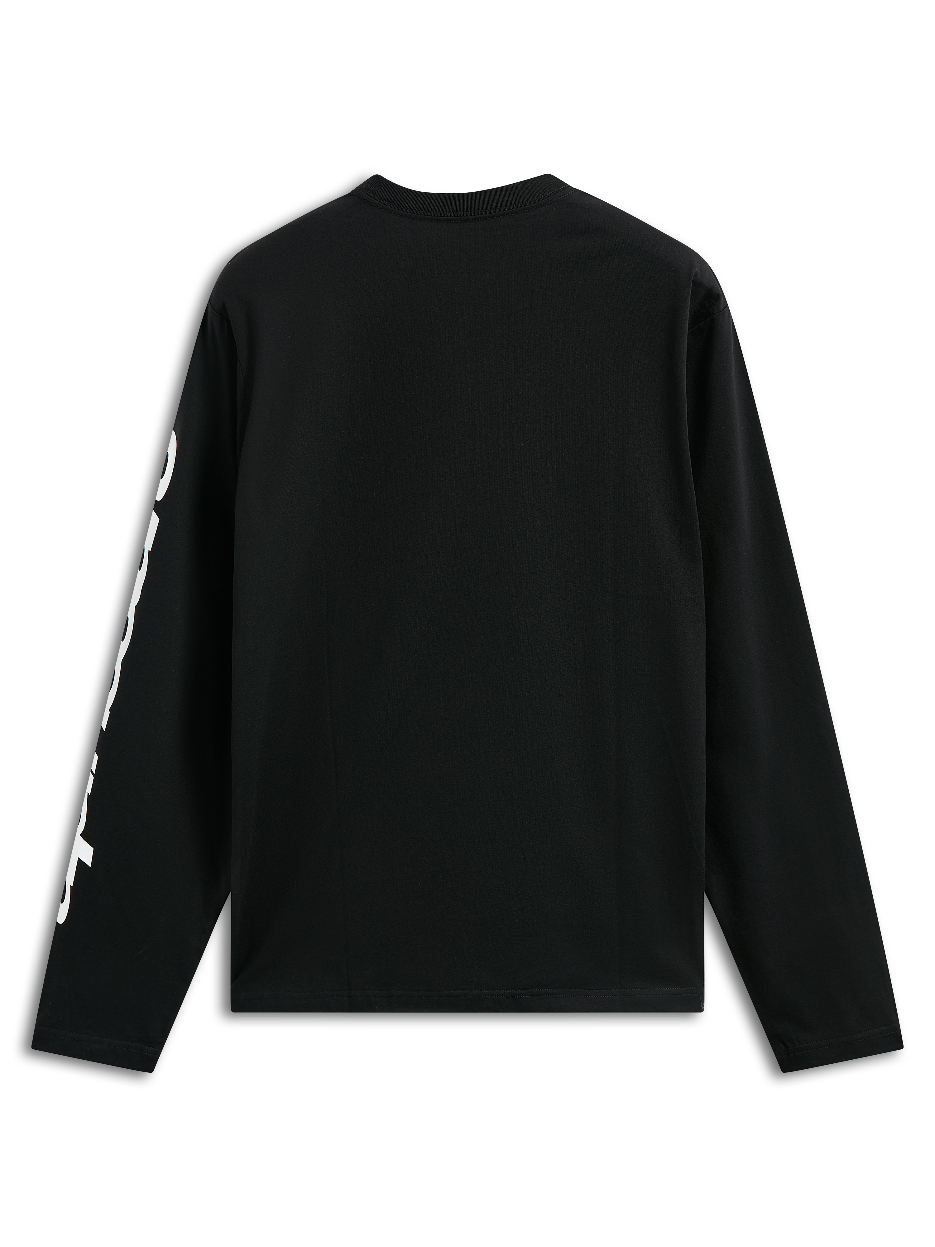 Alpinestars Trackside CSF Tee, T-shirt de manga comprida, preta, com grafismo de texto vertical branco na manga, vista traseira, streetwear casual de desportos motorizados