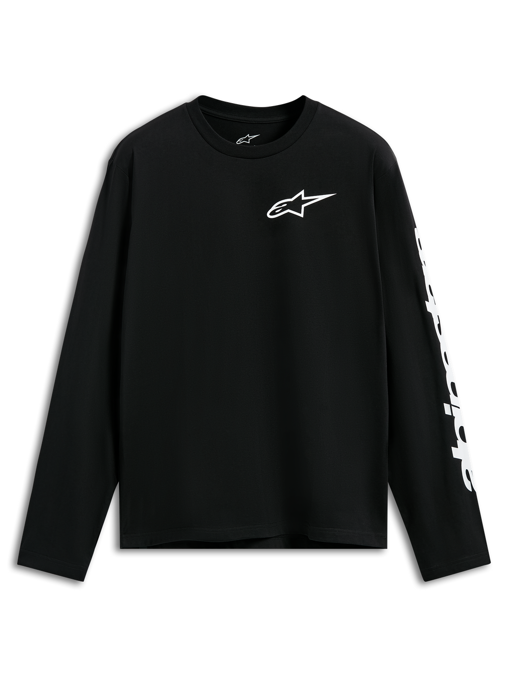 Alpinestars Trackside CSF Tee, camisola de manga comprida, preta, logótipo Alpinestars branco no peito e grafismo na manga, streetwear casual inspirada no desporto motorizado