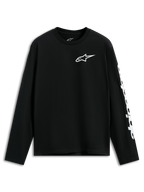 Alpinestars Trackside CSF Tee, camisola de manga comprida, preta, logótipo Alpinestars branco no peito e grafismo na manga, streetwear casual inspirada no desporto motorizado