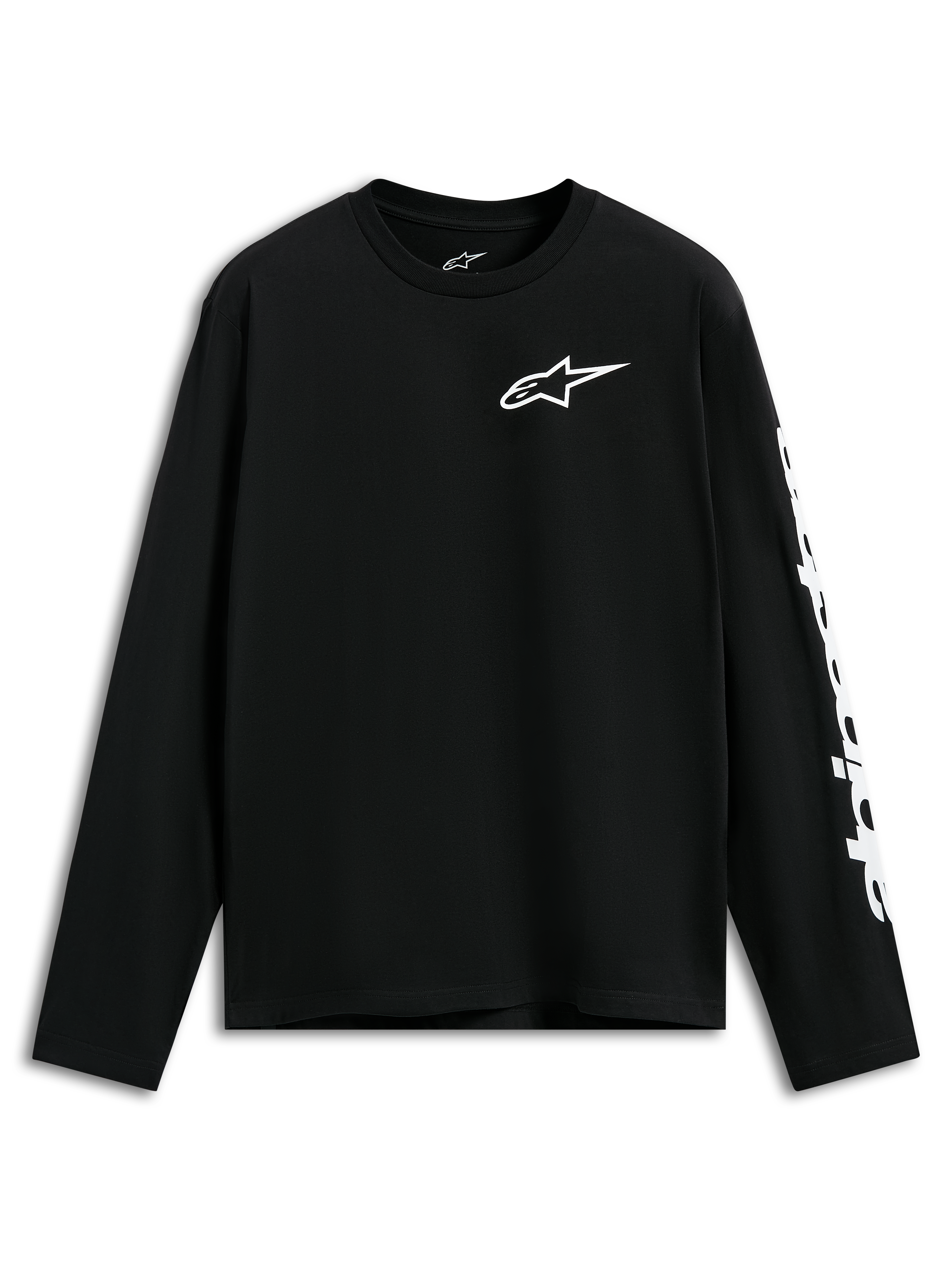 Alpinestars Trackside CSF Tee, camisola de manga comprida, preta, logótipo Alpinestars branco no peito e grafismo na manga, streetwear casual inspirada no desporto motorizado
