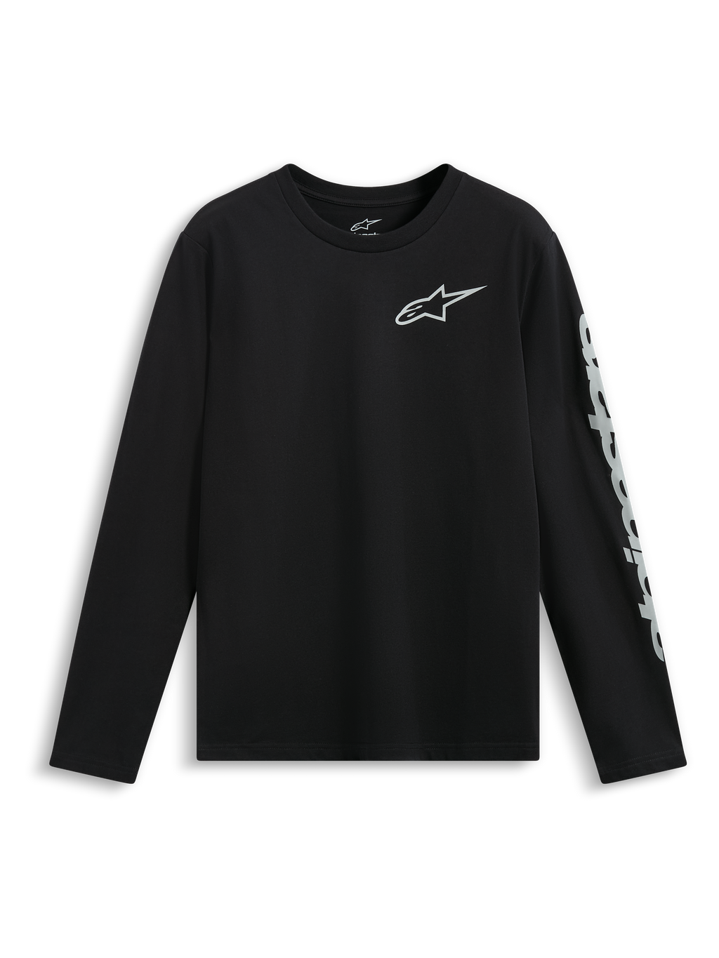 Alpinestars Trackside CSF Tee, t-shirt de manga comprida, preta, logótipo Astars branco no peito e logótipo grande na manga, roupa desportiva casual de desportos motorizados