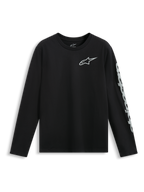 Alpinestars Trackside CSF Tee, t-shirt de manga comprida, preta, logótipo Astars branco no peito e logótipo grande na manga, roupa desportiva casual de desportos motorizados