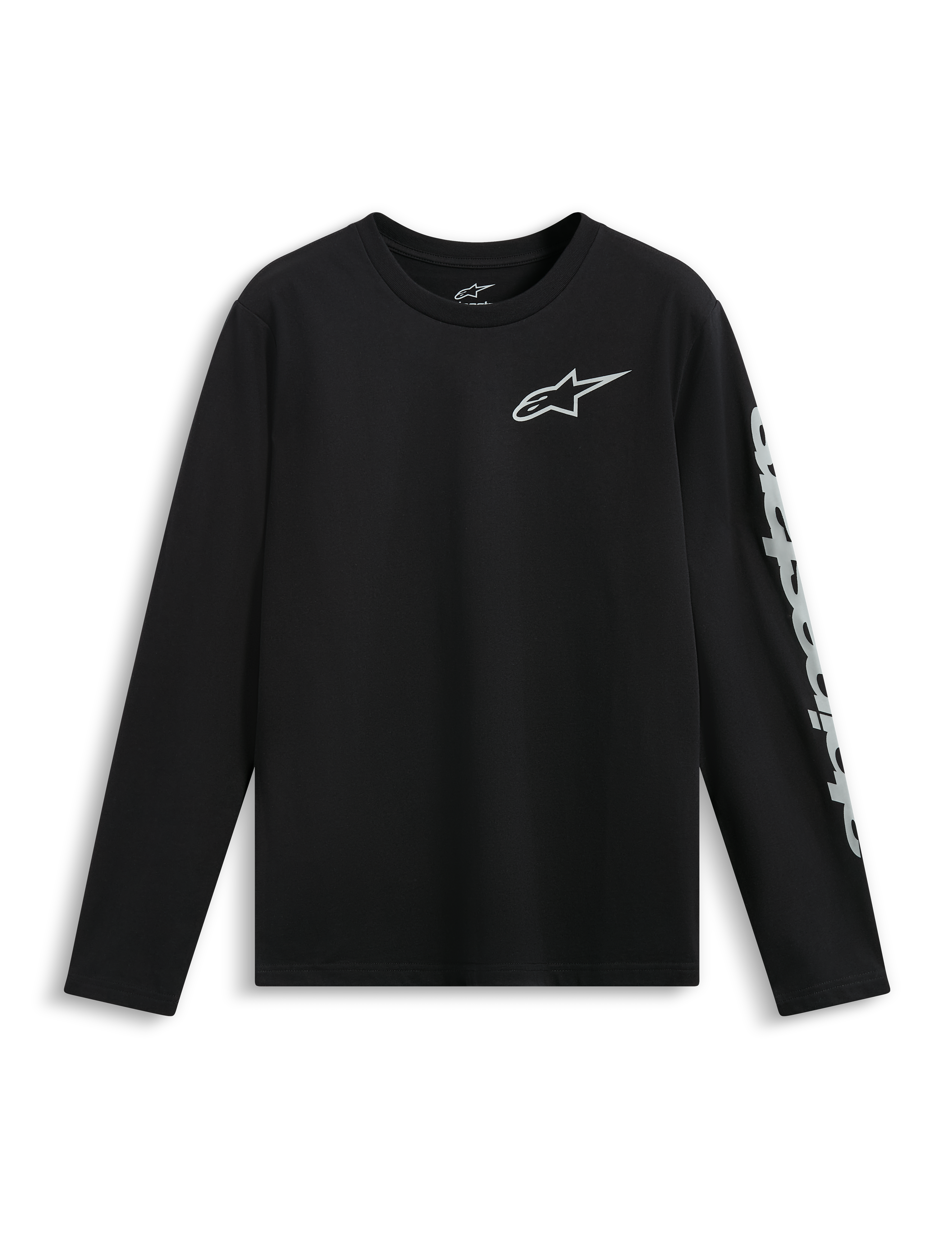 Alpinestars Trackside CSF Tee, t-shirt de manga comprida, preta, logótipo Astars branco no peito e logótipo grande na manga, roupa desportiva casual de desportos motorizados
