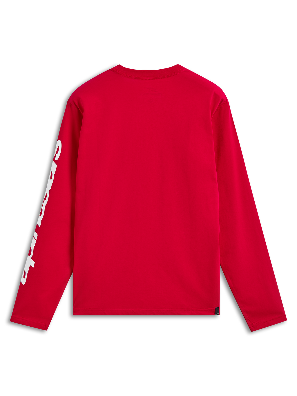 T-shirt Alpinestars Trackside CSF, T-shirt de manga comprida, vermelha, vista traseira com branding branco na manga, streetwear casual inspirada no desporto motorizado