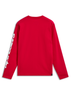 T-shirt Alpinestars Trackside CSF, T-shirt de manga comprida, vermelha, vista traseira com branding branco na manga, streetwear casual inspirada no desporto motorizado