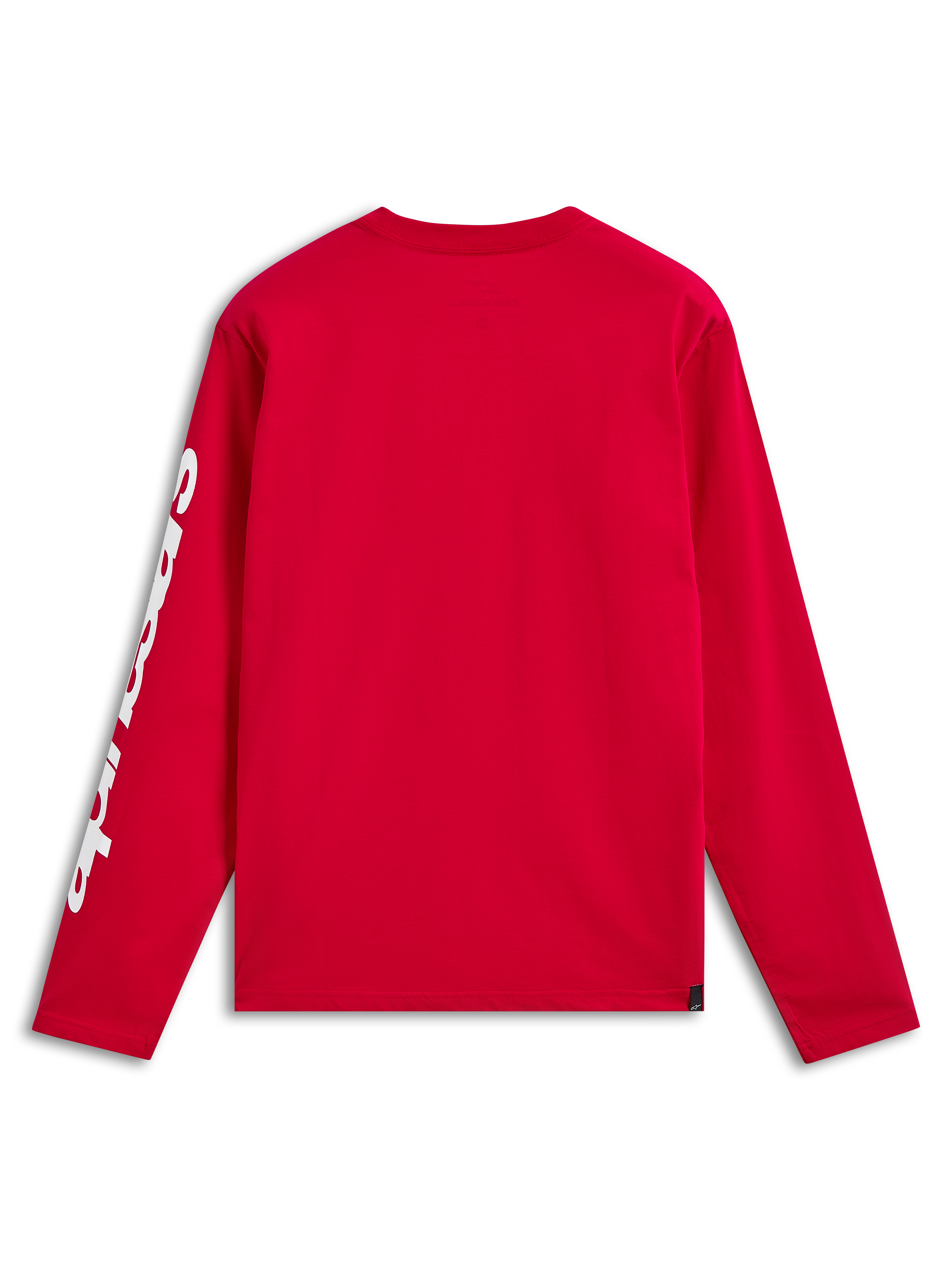 T-shirt Alpinestars Trackside CSF, T-shirt de manga comprida, vermelha, vista traseira com branding branco na manga, streetwear casual inspirada no desporto motorizado