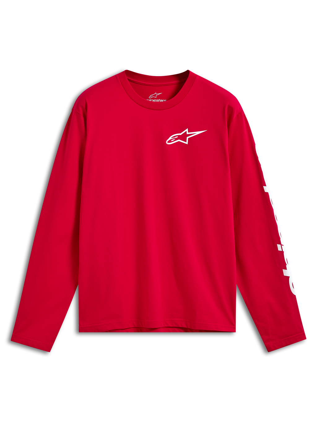 Alpinestars Trackside CSF Tee, camisola de manga comprida, vermelha com logótipo Ride 4.0 branco no peito e marca branca na manga, vestuário casual de desportos motorizados