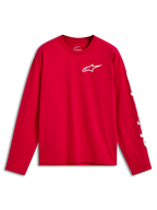 Alpinestars Trackside CSF Tee, camisola de manga comprida, vermelha com logótipo Ride 4.0 branco no peito e marca branca na manga, vestuário casual de desportos motorizados