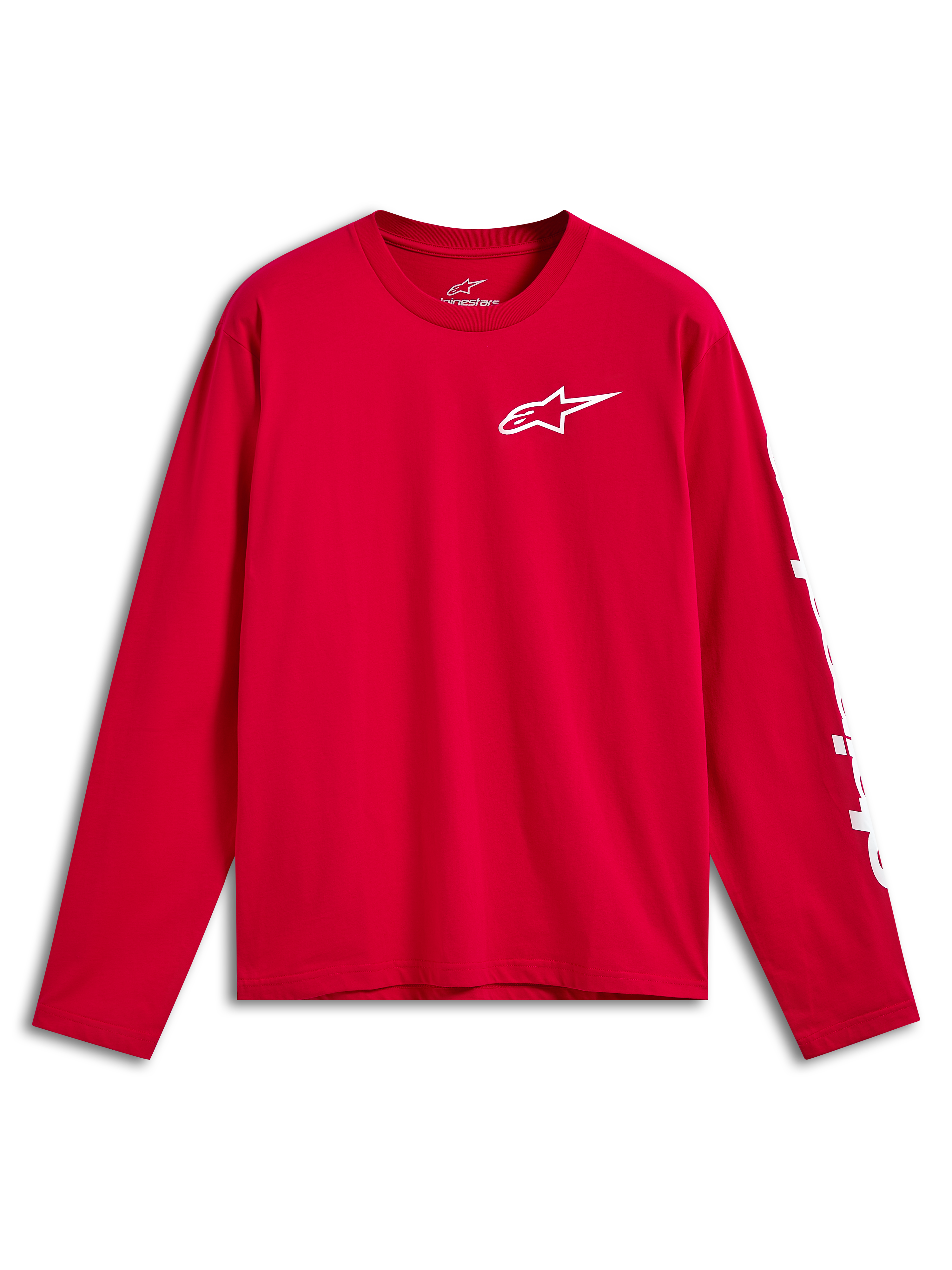 Alpinestars Trackside CSF Tee, camisola de manga comprida, vermelha com logótipo Ride 4.0 branco no peito e marca branca na manga, vestuário casual de desportos motorizados