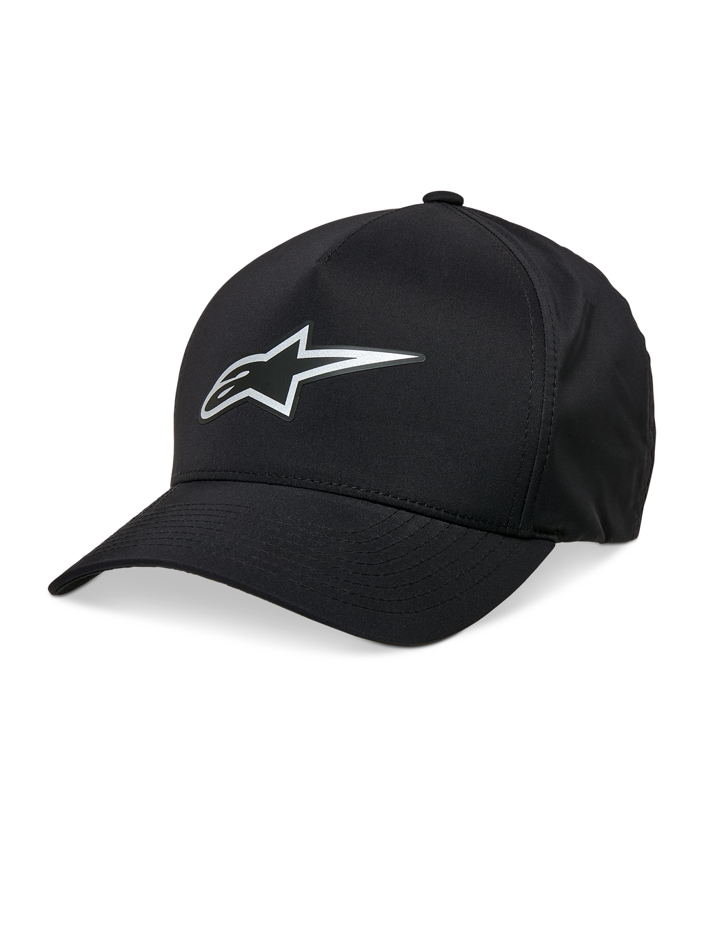 Alpinestars Ageless Reflex Waterproof Hat, boné de basebol preto, pala curva, logótipo Astars refletor prateado, coroa estruturada, tecido técnico impermeável, acessório de cabeça casual de desportos motorizados