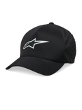 Alpinestars Ageless Reflex Waterproof Hat, boné de basebol preto, pala curva, logótipo Astars refletor prateado, coroa estruturada, tecido técnico impermeável, acessório de cabeça casual de desportos motorizados