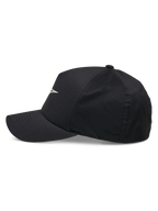 Alpinestars Ageless Reflex Waterproof Hat, boné preto, vista de perfil de um boné de pala curva com coroa estruturada, com logótipo Astars refletor e tecido técnico impermeável, acessório casual de performance