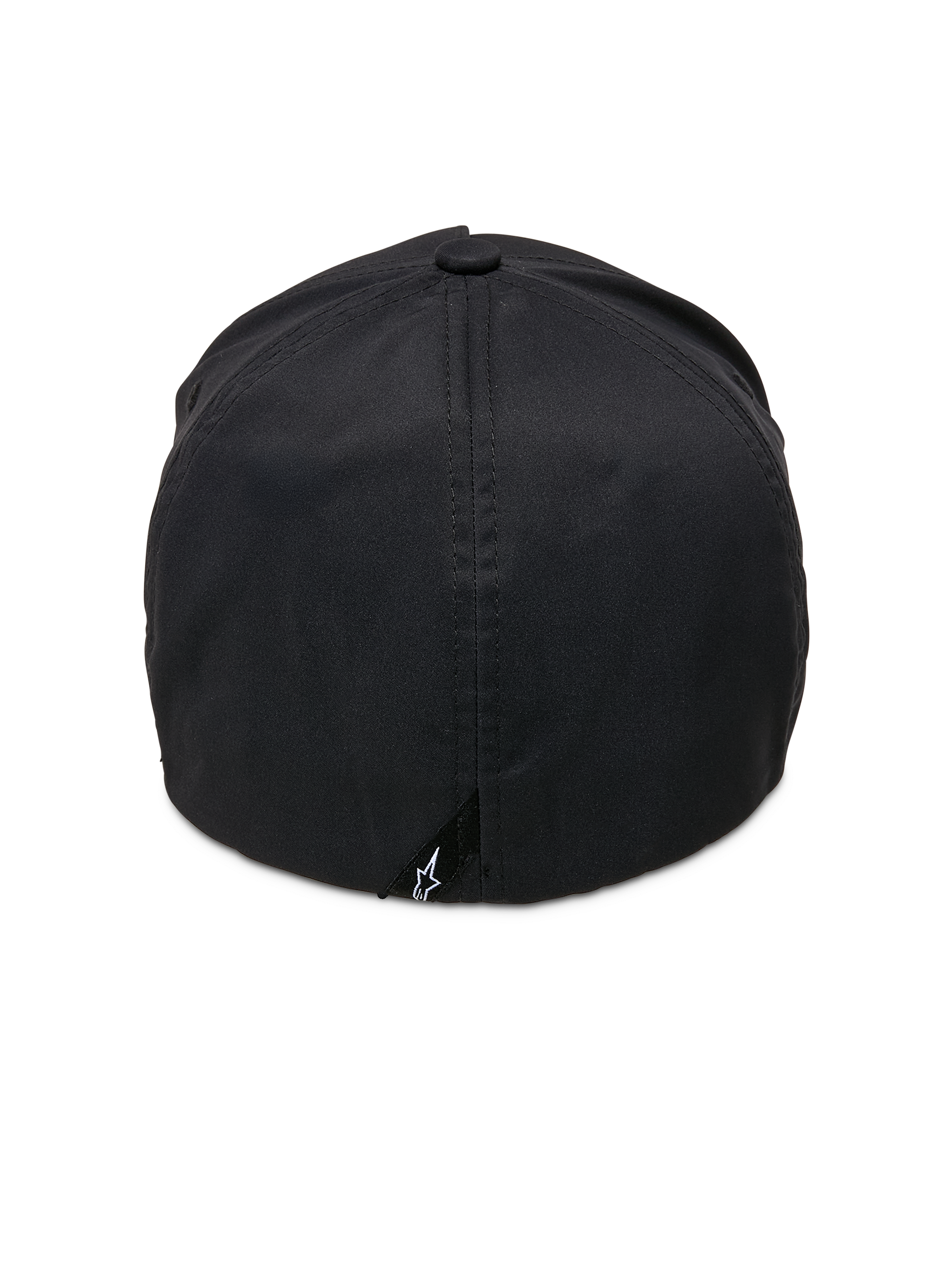 Alpinestars Ageless Reflex Waterproof Hat, boné preto, vista traseira, com construção flex-back, tecido técnico impermeável e uma pequena etiqueta preta com o logótipo Astars branco na base.