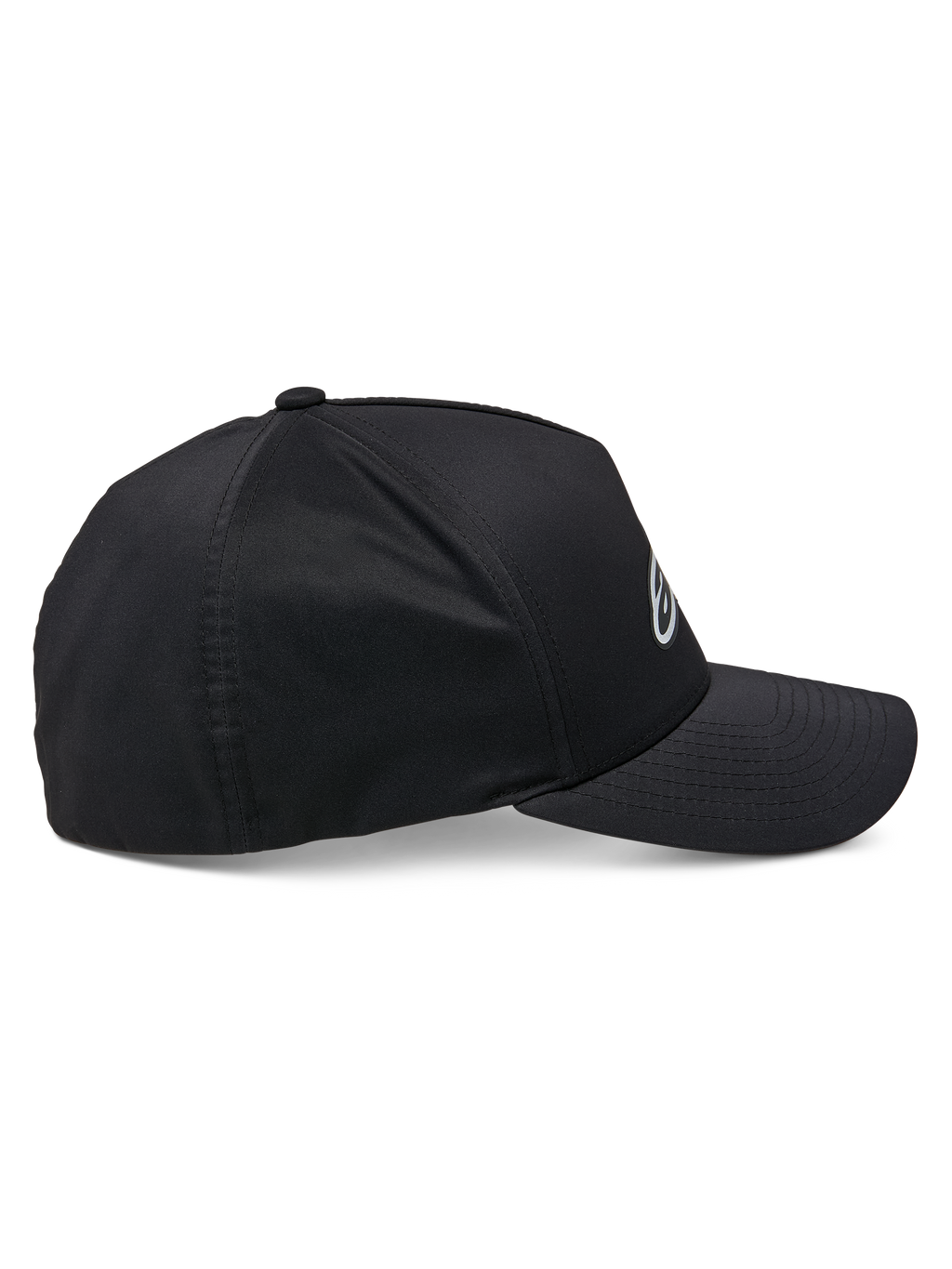 Alpinestars Ageless Reflex Waterproof Hat, boné preto, vista de perfil lateral, aba curva com coroa estruturada, tecido técnico impermeável com detalhe de logótipo refletor, acessório de performance casual