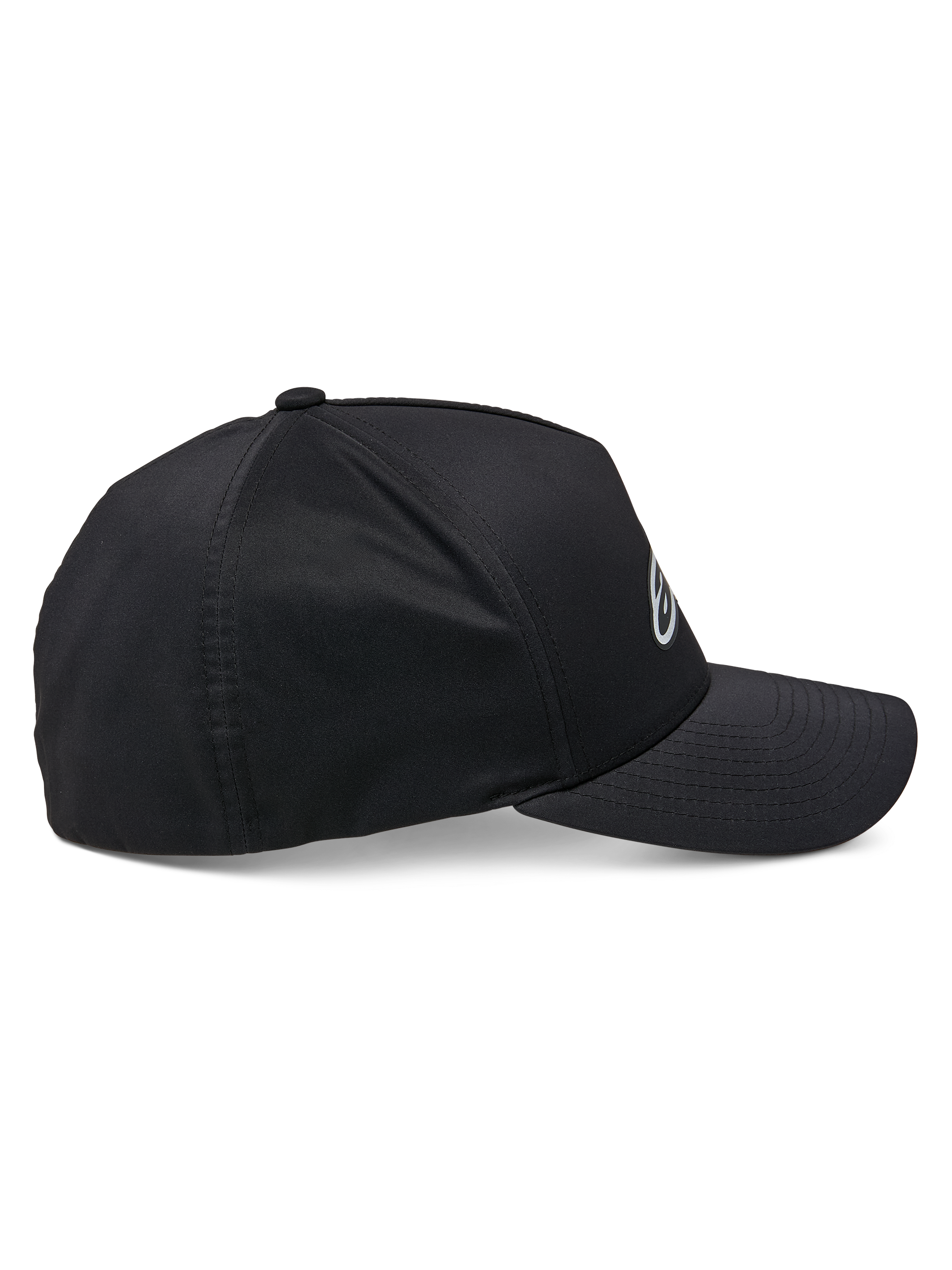 Alpinestars Ageless Reflex Waterproof Hat, boné preto, vista de perfil lateral, aba curva com coroa estruturada, tecido técnico impermeável com detalhe de logótipo refletor, acessório de performance casual