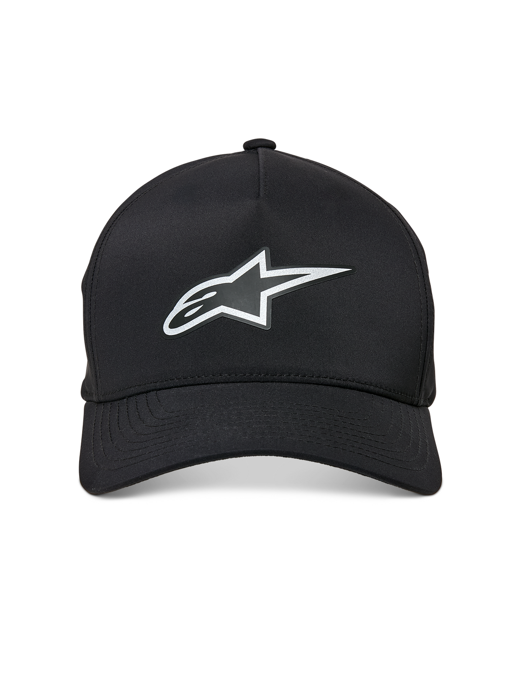 Boné Alpinestars Ageless Reflex Waterproof, boné de basebol com pala curva, preto, com logótipo Astars refletor prateado na frente, coroa estruturada e tecido técnico impermeável, vista frontal