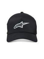 Boné Alpinestars Ageless Reflex Waterproof, boné de basebol com pala curva, preto, com logótipo Astars refletor prateado na frente, coroa estruturada e tecido técnico impermeável, vista frontal