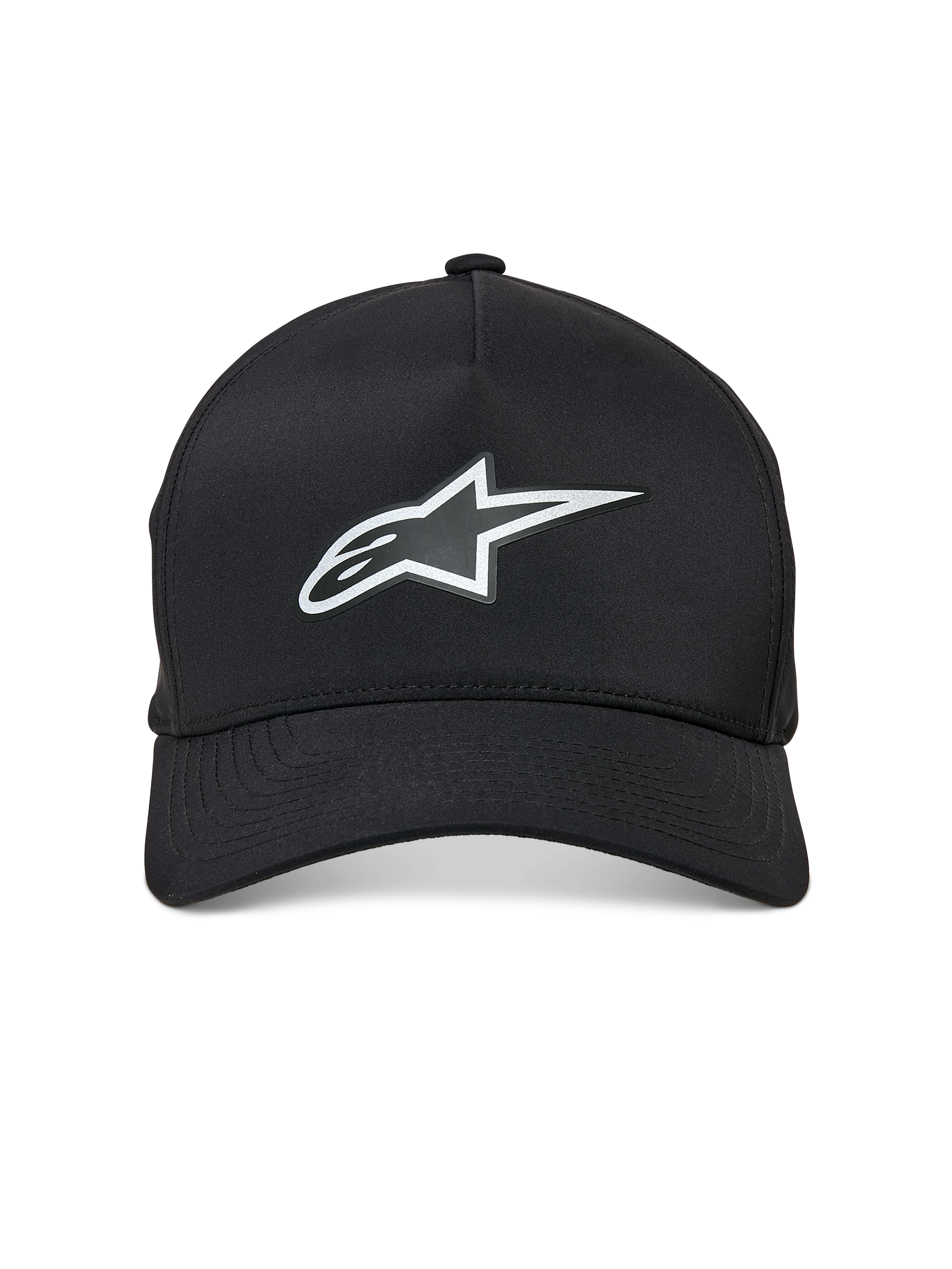 Boné Alpinestars Ageless Reflex Waterproof, boné de basebol com pala curva, preto, com logótipo Astars refletor prateado na frente, coroa estruturada e tecido técnico impermeável, vista frontal