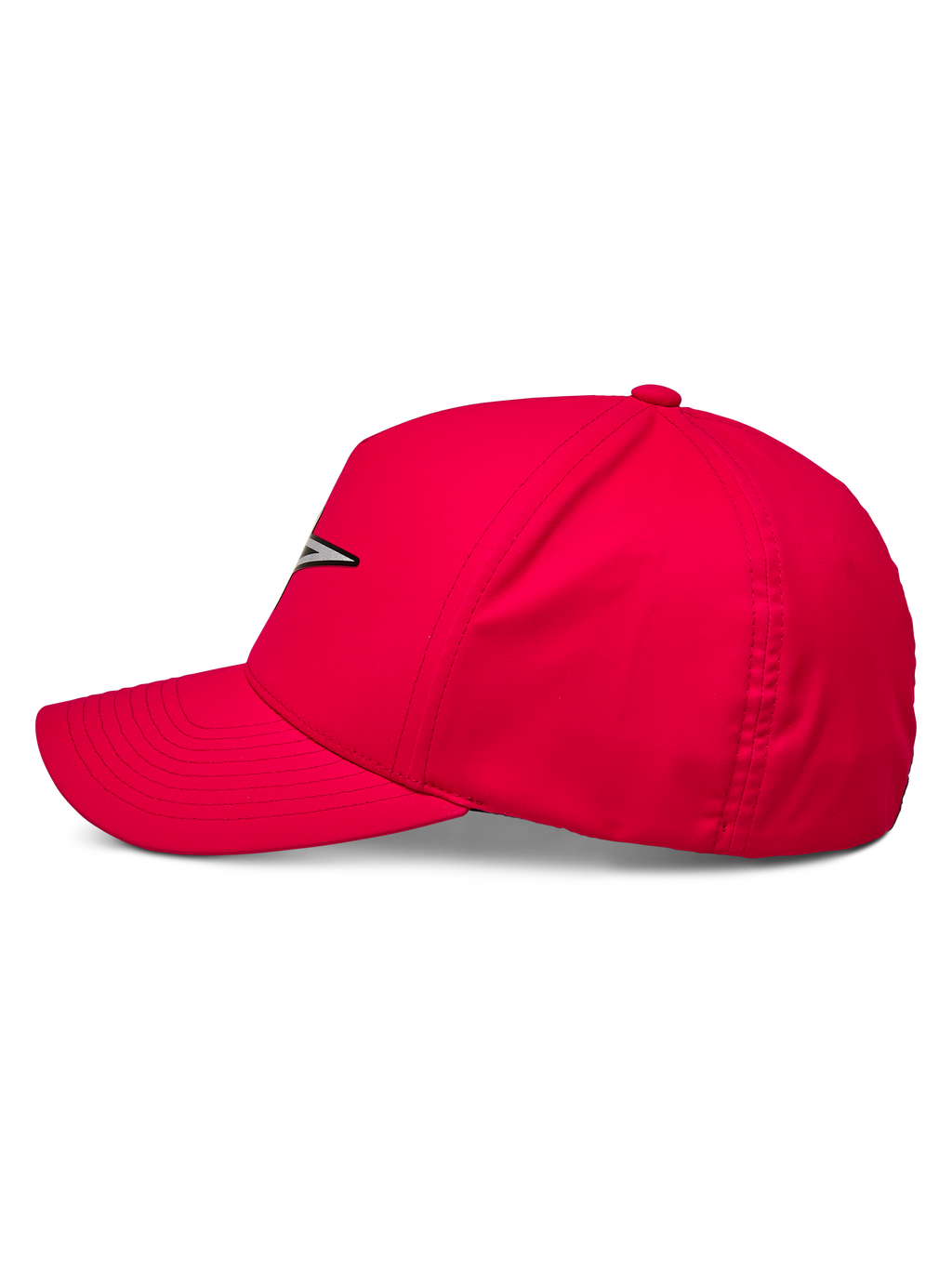 Alpinestars Ageless Reflex Waterproof Hat, boné de basebol vermelho, vista de perfil lateral mostrando a pala curva e a coroa estruturada, logótipo Astars refletor na frente, vestuário desportivo casual de performance