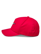 Alpinestars Ageless Reflex Waterproof Hat, boné de basebol vermelho, vista de perfil lateral mostrando a pala curva e a coroa estruturada, logótipo Astars refletor na frente, vestuário desportivo casual de performance