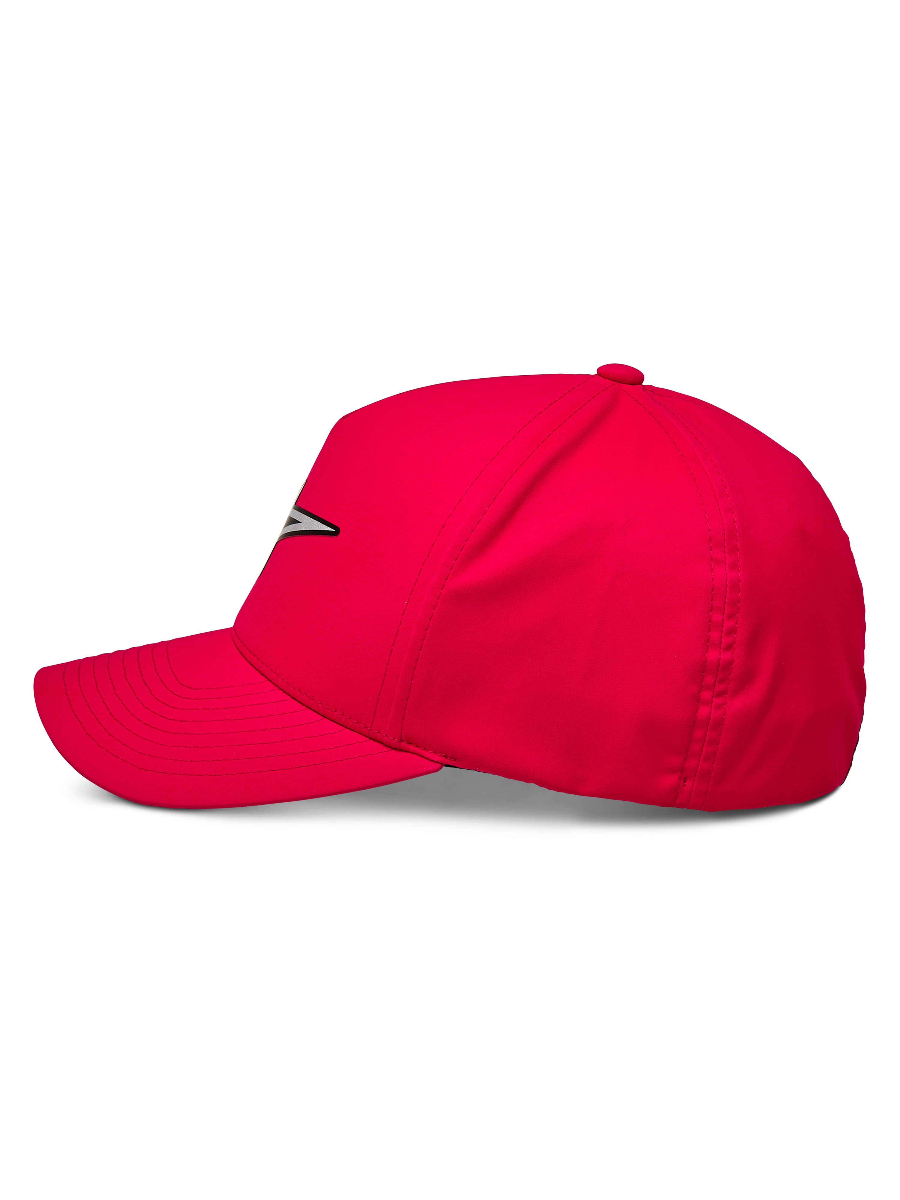 Alpinestars Ageless Reflex Waterproof Hat, boné de basebol vermelho, vista de perfil lateral mostrando a pala curva e a coroa estruturada, logótipo Astars refletor na frente, vestuário desportivo casual de performance